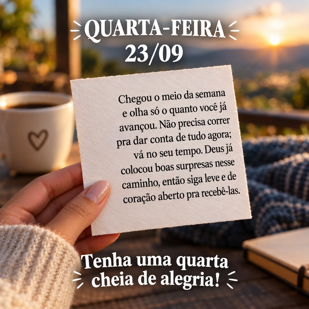 Chegou o meio da semana e olha só o quanto você já avançou. Não precisa correr pra dar conta de tudo agora; vá no seu tempo. Deus já colocou boas ...