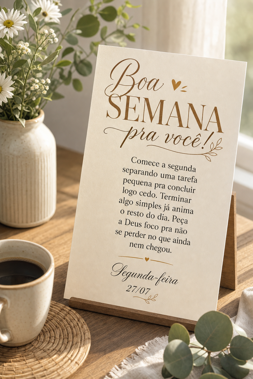 Comece a segunda separando uma tarefa pequena pra concluir logo cedo. Terminar algo simples já anima o resto do dia. Peça a Deus foco pra não se perde...