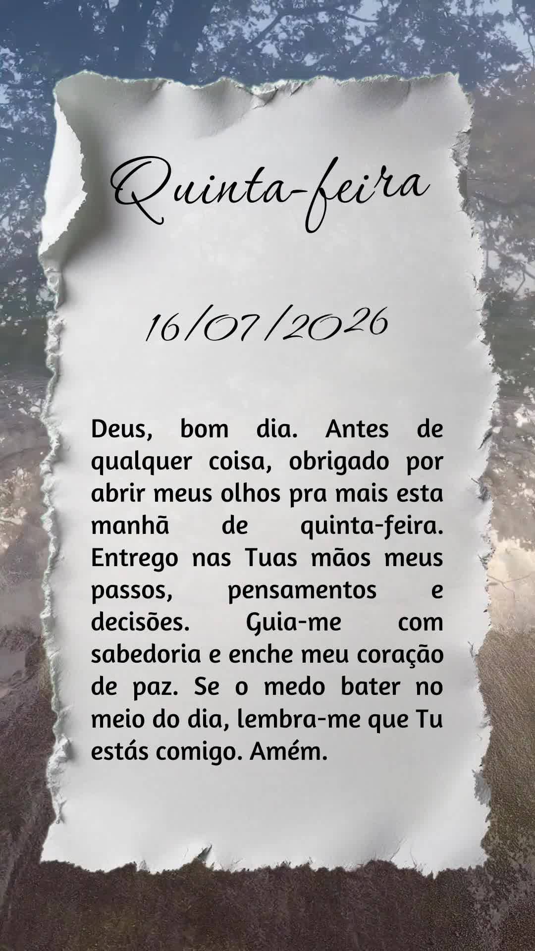 Deus, bom dia. Antes de qualquer coisa, obrigado por abrir meus olhos pra mais esta manhã de quinta-feira. Entrego nas Tuas mãos meus passos, pensament...