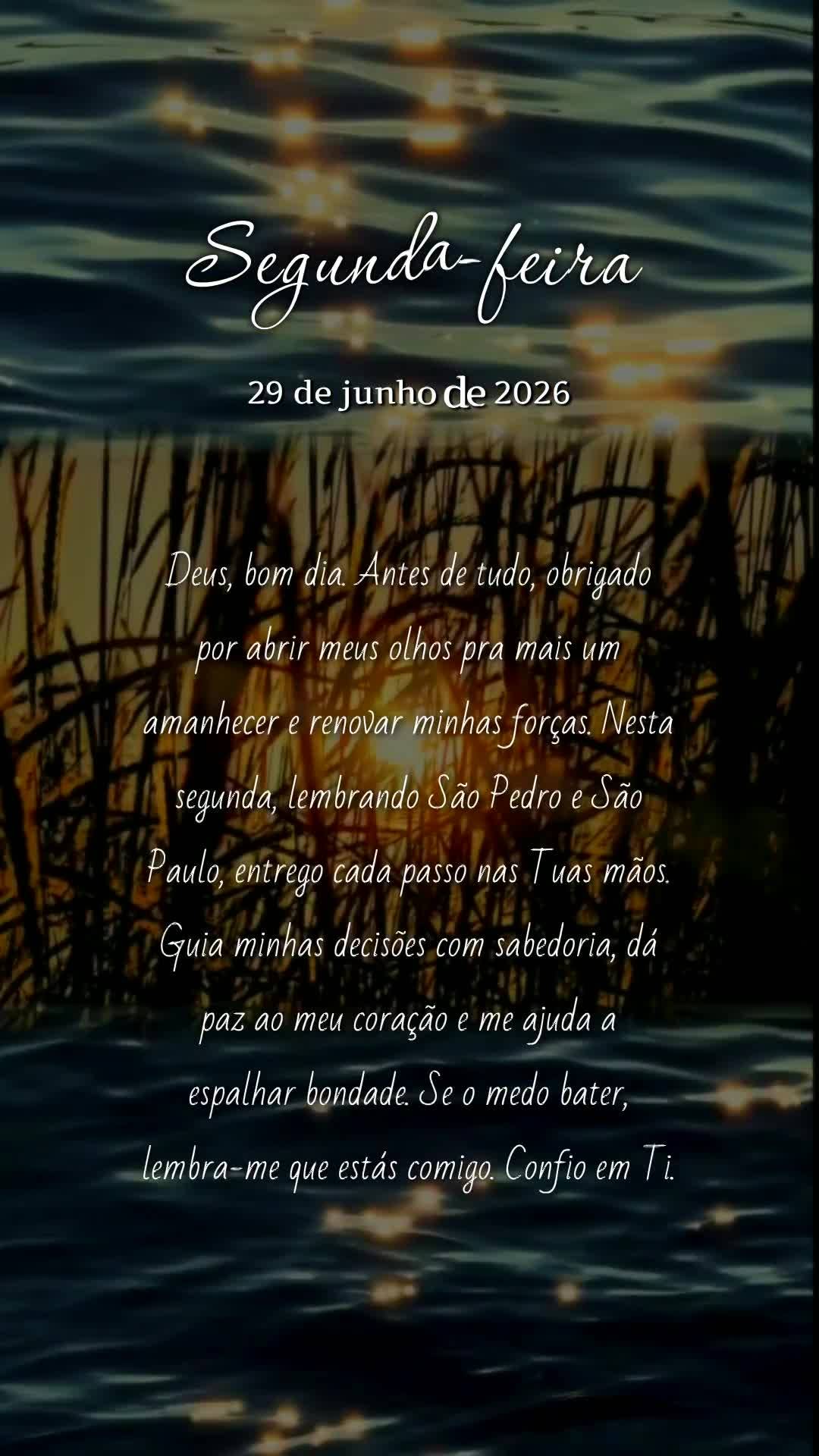 Deus, bom dia. Antes de tudo, obrigado por abrir meus olhos pra mais um amanhecer e renovar minhas forças. Nesta segunda, lembrando São Pedro e São Pa...