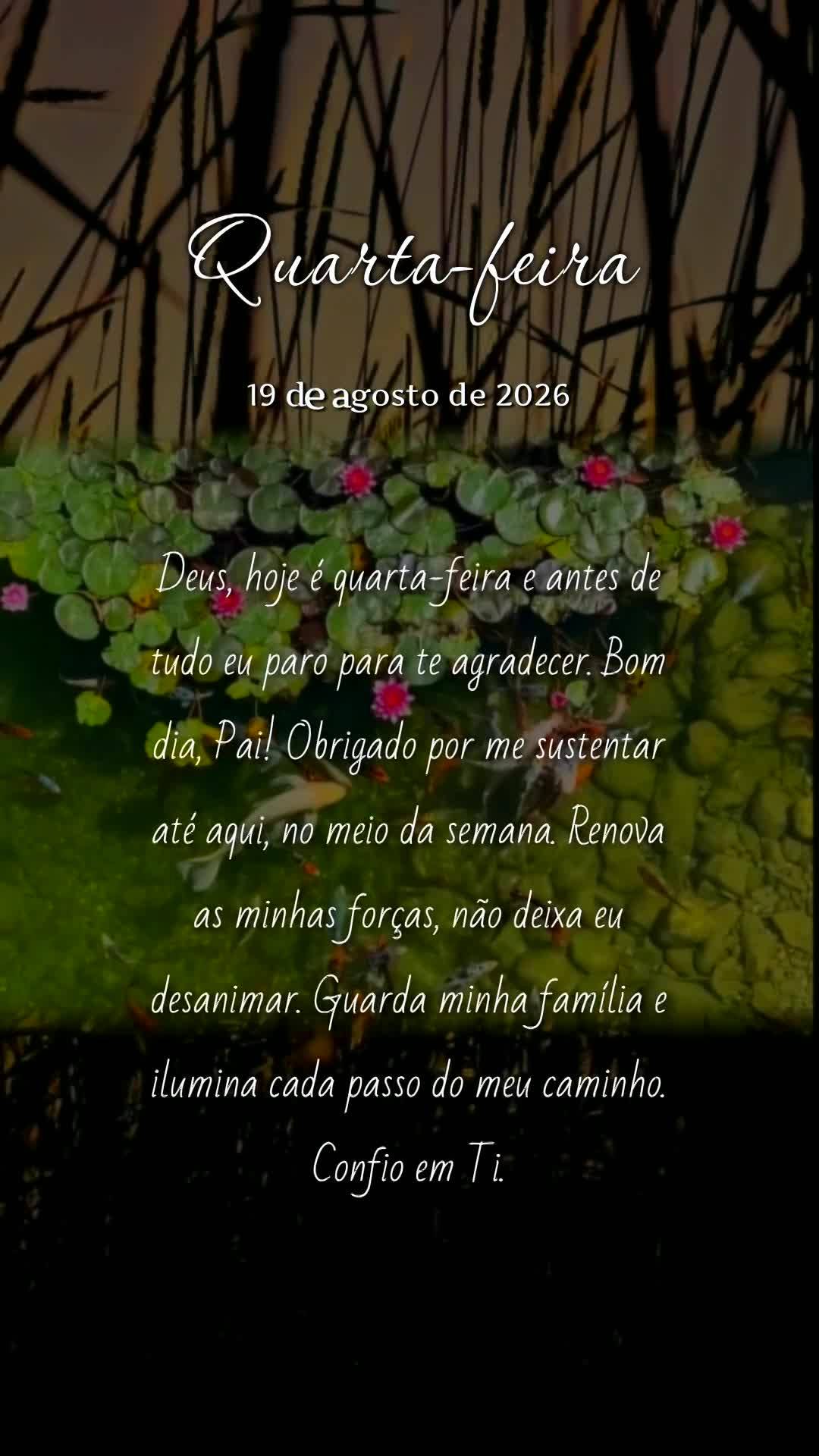 Deus, hoje é quarta-feira e antes de tudo eu paro para te agradecer. Bom dia, Pai! Obrigado por me sustentar até aqui, no meio da semana. Renova as min...