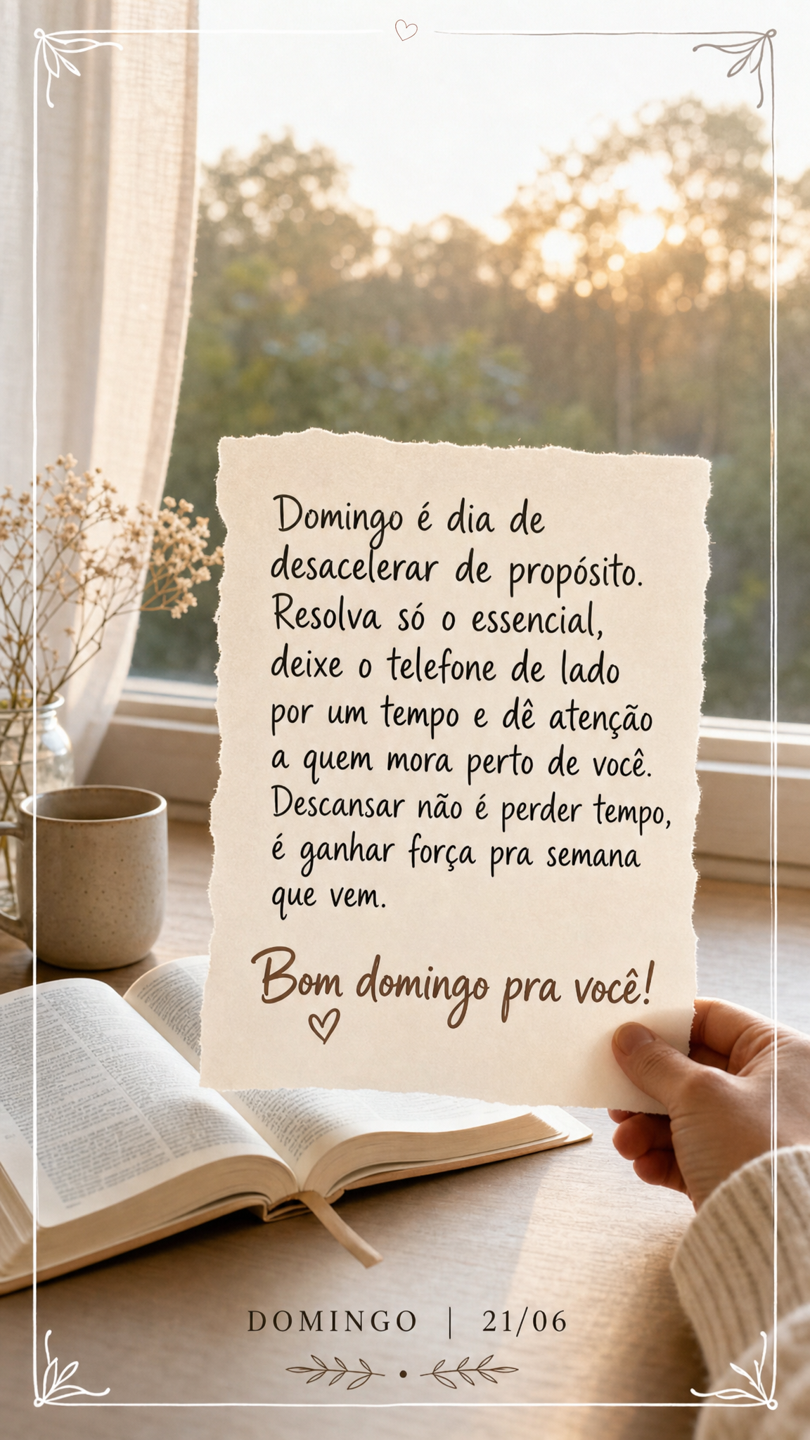 Domingo é dia de desacelerar de propósito. Resolva só o essencial, deixe o telefone de lado por um tempo e dê atenção a quem mora perto de você. D...