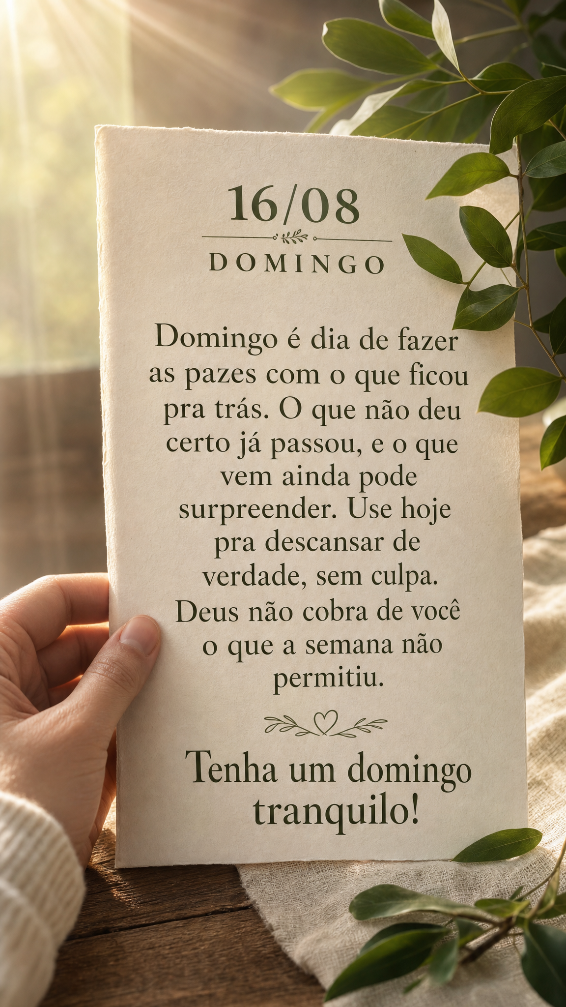 Domingo é dia de fazer as pazes com o que ficou pra trás. O que não deu certo já passou, e o que vem ainda pode surpreender. Use hoje pra descansar d...