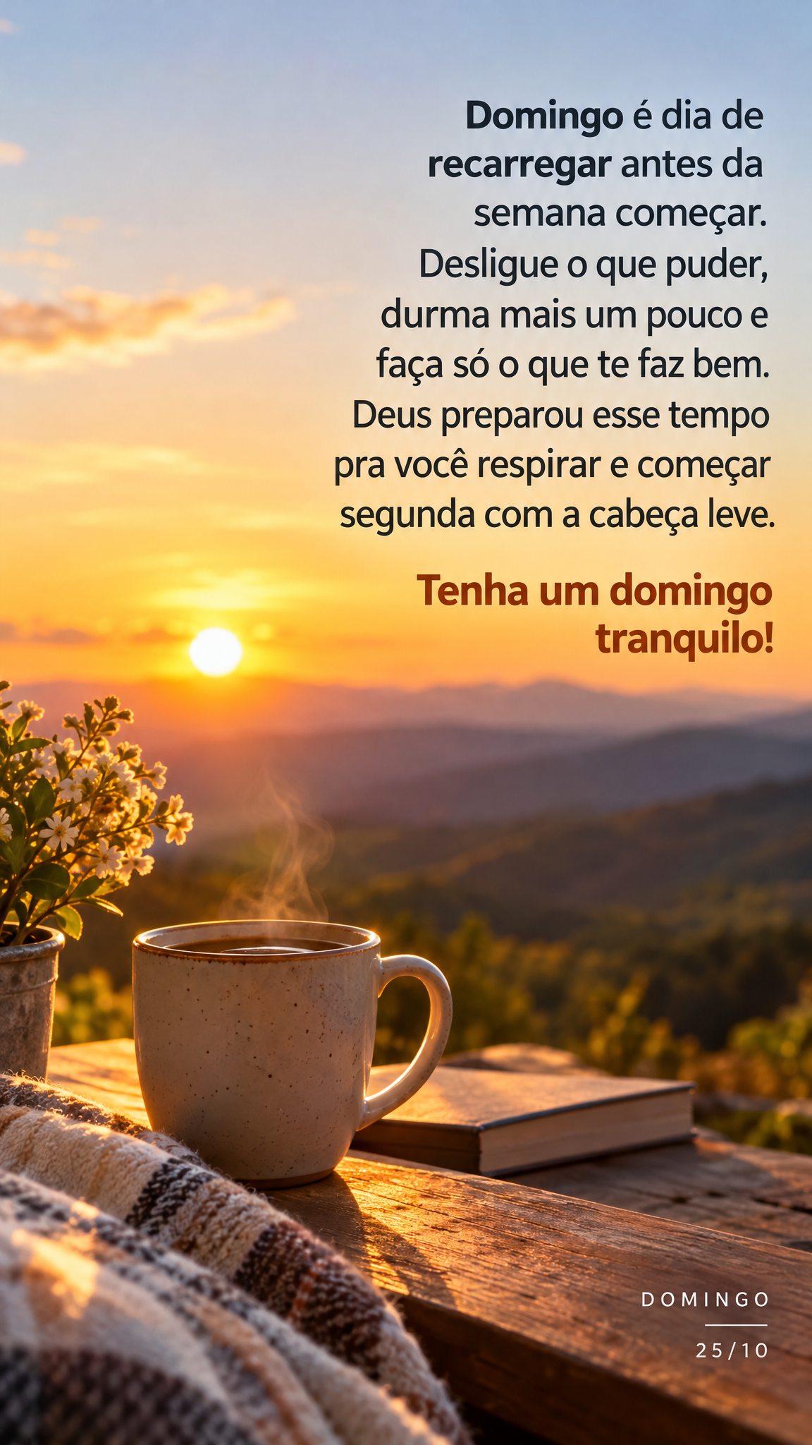 Domingo é dia de recarregar antes da semana começar. Desligue o que puder, durma mais um pouco e faça só o que te faz bem. Deus preparou esse tempo p...
