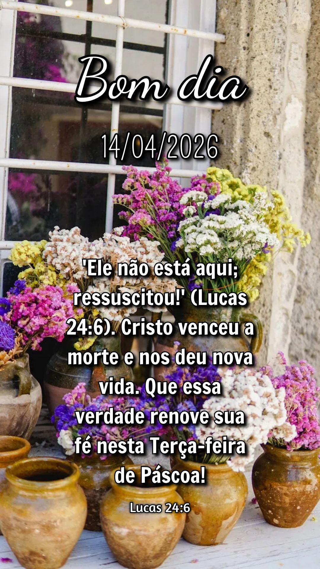 'Ele não está aqui; ressuscitou!' (Lucas 24:6). Cristo venceu a morte e nos deu nova vida. Que essa verdade renove sua fé nesta Terça-feira de Pásco...