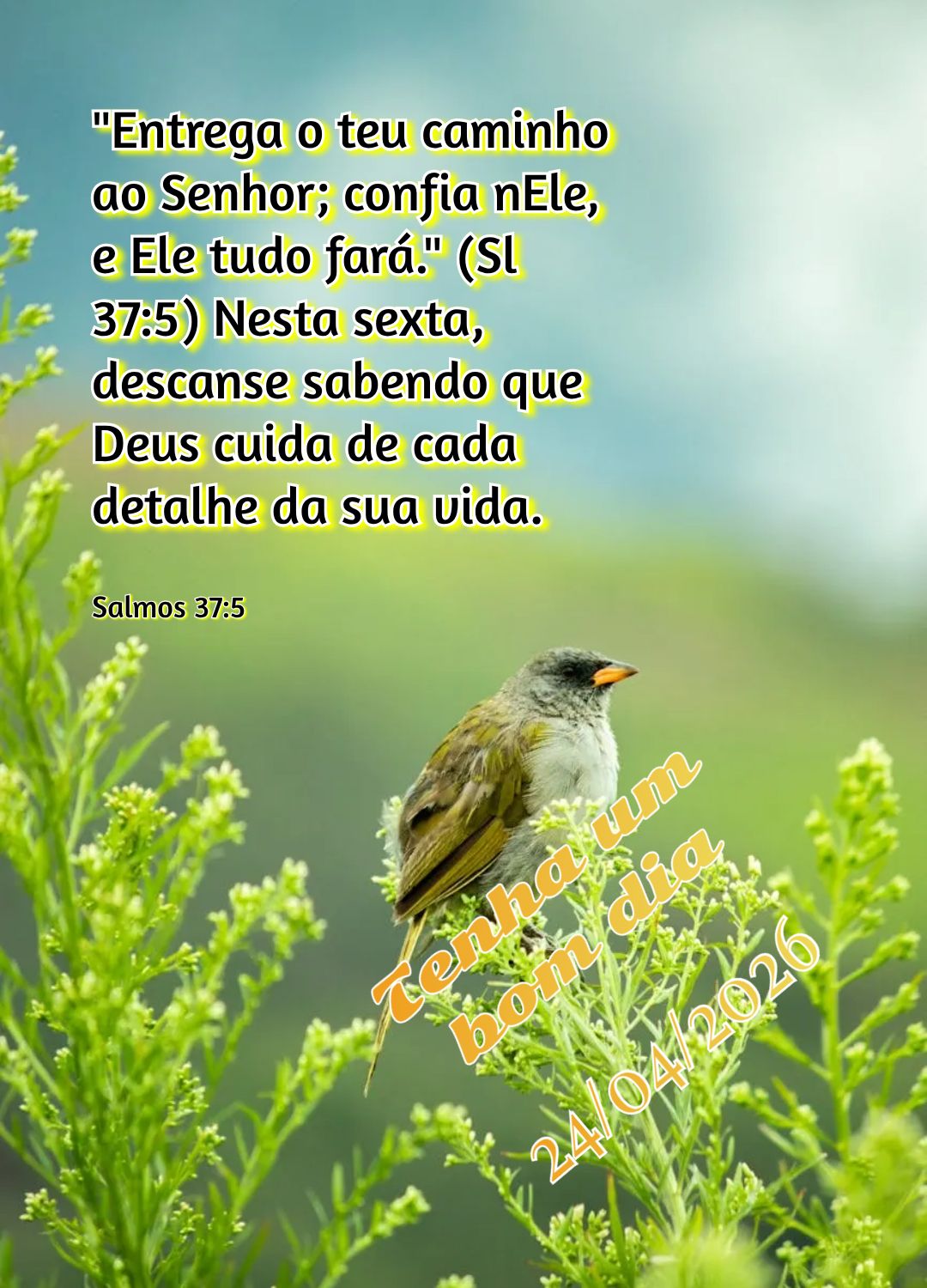 "Entrega o teu caminho ao Senhor; confia nEle, e Ele tudo fará." (Sl 37:5) Nesta sexta, descanse sabendo que Deus cuida de cada detalhe da sua vida. Ten...