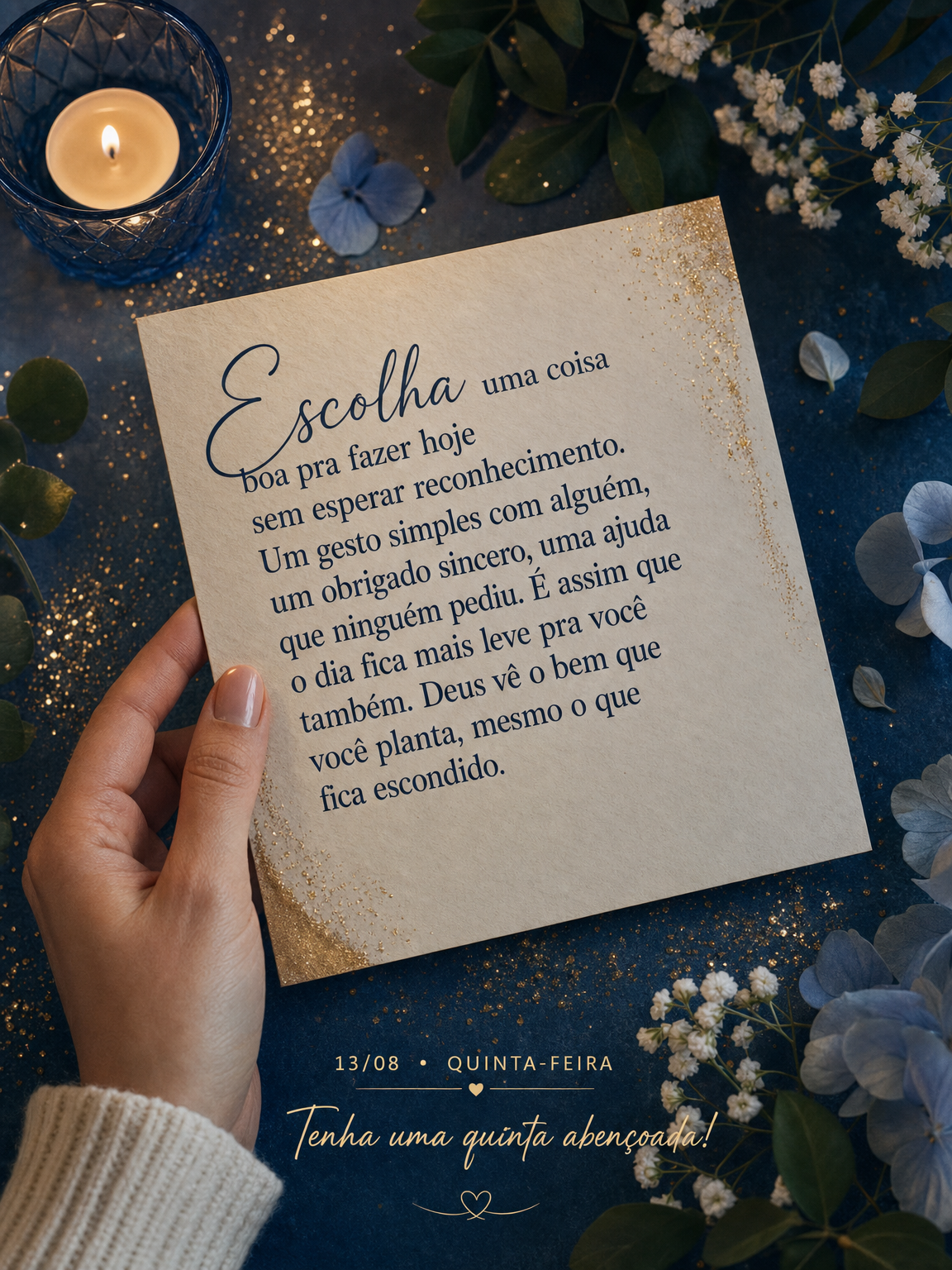 Escolha uma coisa boa pra fazer hoje sem esperar reconhecimento. Um gesto simples com alguém, um obrigado sincero, uma ajuda que ninguém pediu. É assi...