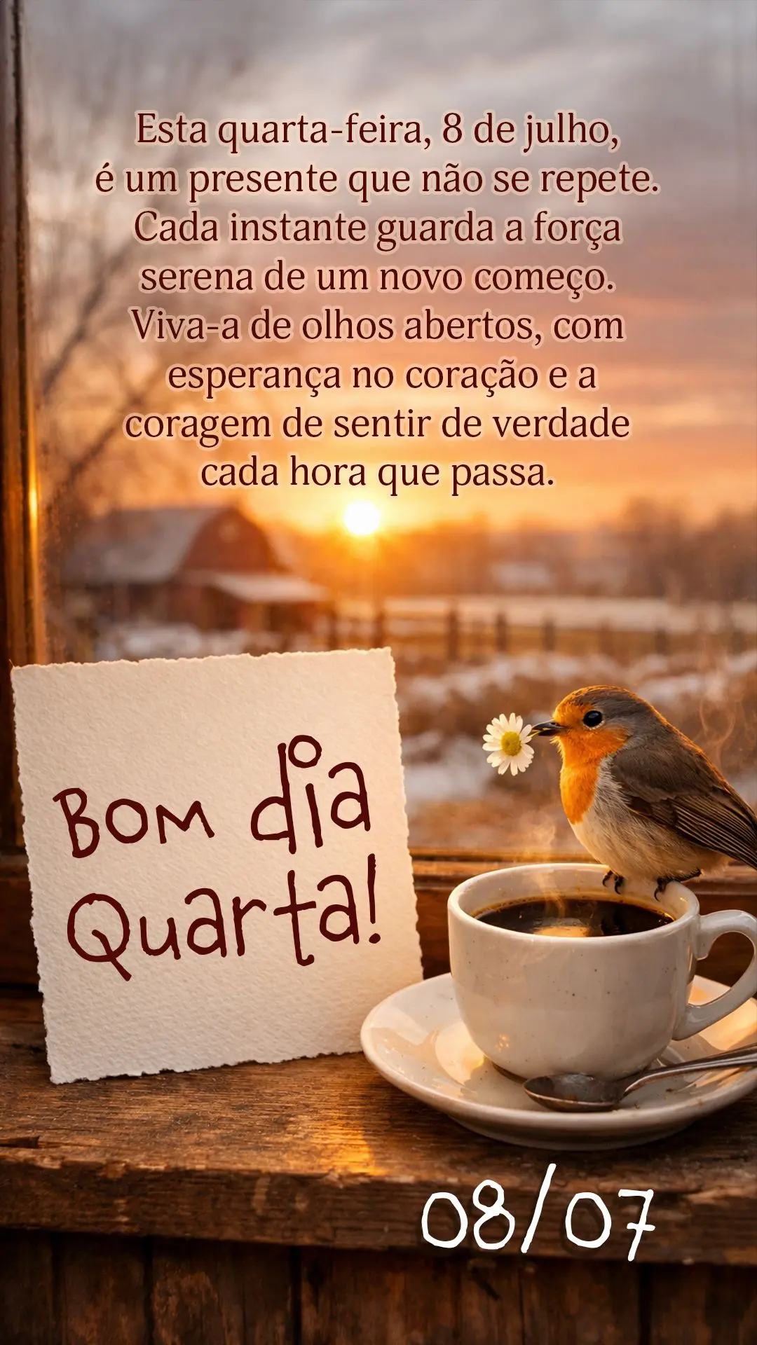 Esta quarta-feira, 8 de julho, é um presente que não se repete. Cada instante guarda a força serena de um novo começo. Viva-a de olhos abertos, com e...