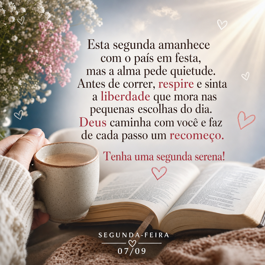 Esta segunda amanhece com o país em festa, mas a alma pede quietude. Antes de correr, respire e sinta a liberdade que mora nas pequenas escolhas do dia....