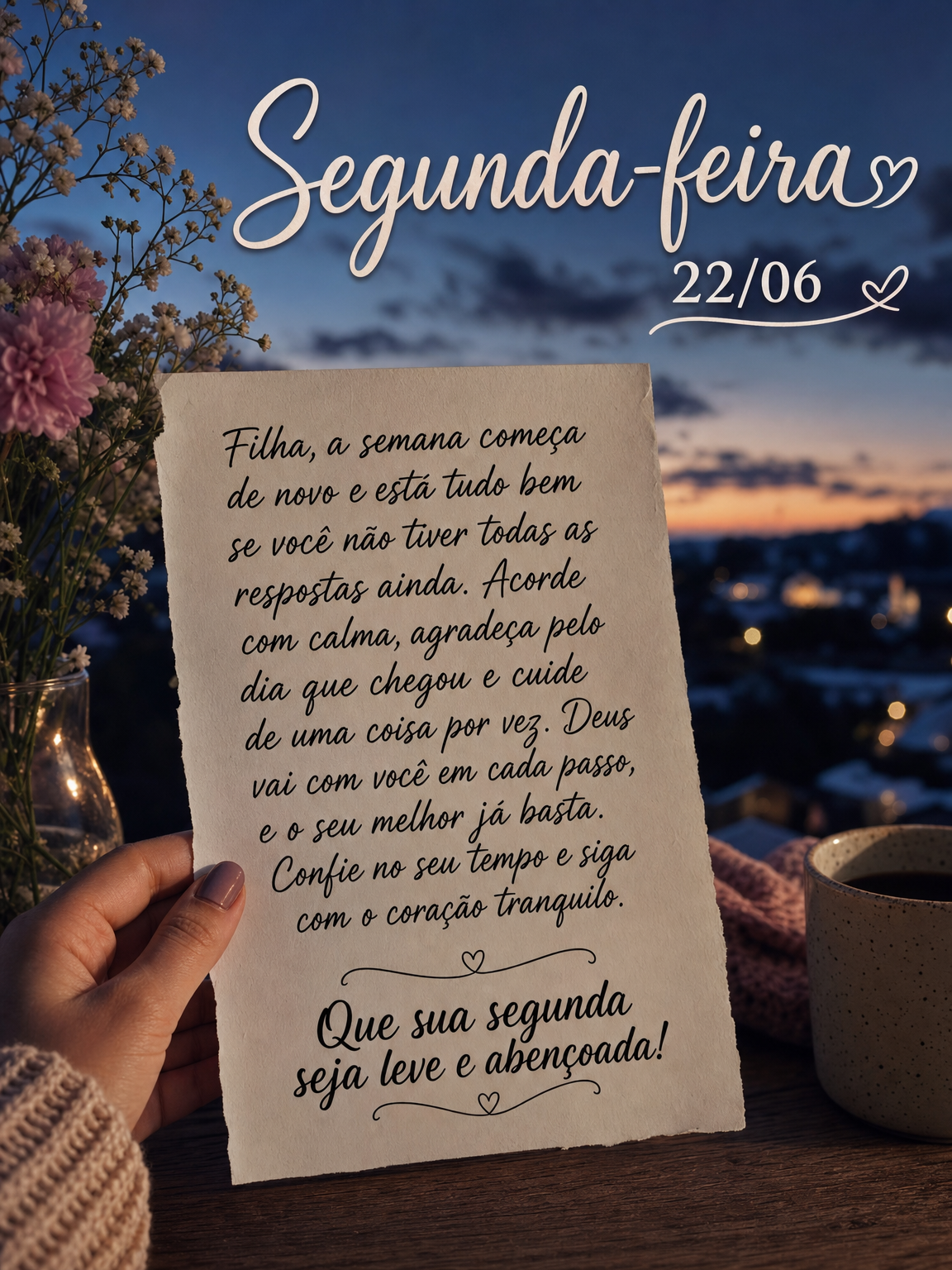Filha, a semana começa de novo e está tudo bem se você não tiver todas as respostas ainda. Acorde com calma, agradeça pelo dia que chegou e cuide de...