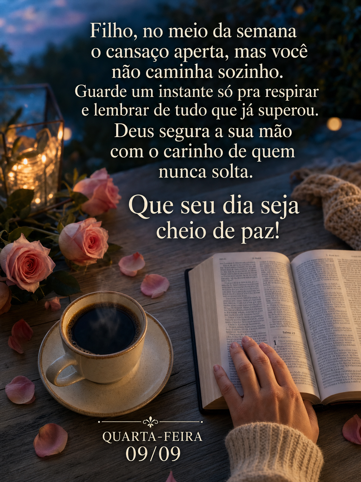 Filho, no meio da semana o cansaço aperta, mas você não caminha sozinho. Guarde um instante só pra respirar e lembrar de tudo que já superou. Deus s...