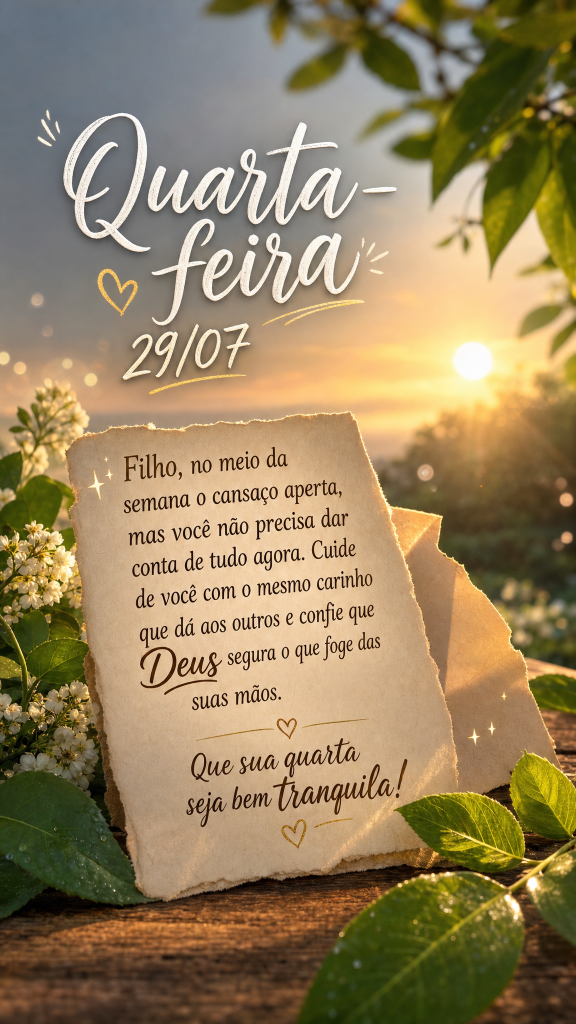 Filho, no meio da semana o cansaço aperta, mas você não precisa dar conta de tudo agora. Cuide de você com o mesmo carinho que dá aos outros e confi...