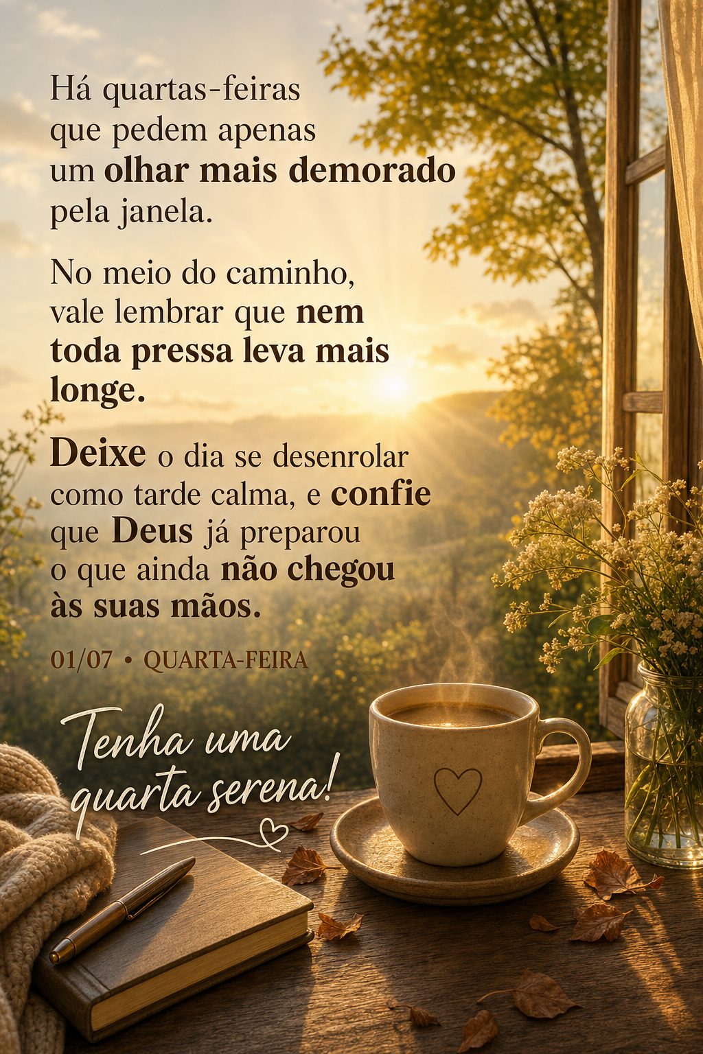 Há quartas-feiras que pedem apenas um olhar mais demorado pela janela. No meio do caminho, vale lembrar que nem toda pressa leva mais longe. Deixe o dia...
