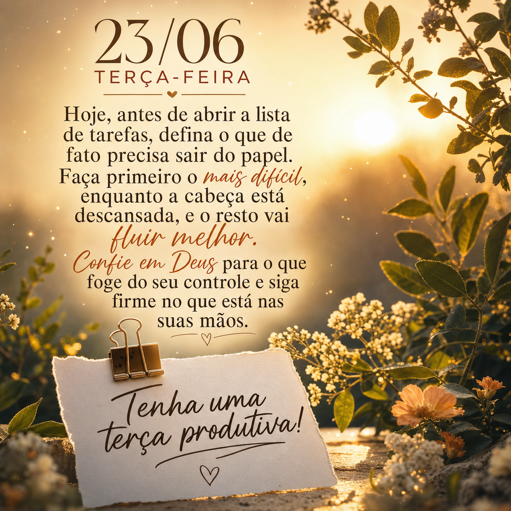 Hoje, antes de abrir a lista de tarefas, defina o que de fato precisa sair do papel. Faça primeiro o mais difícil, enquanto a cabeça está descansada,...
