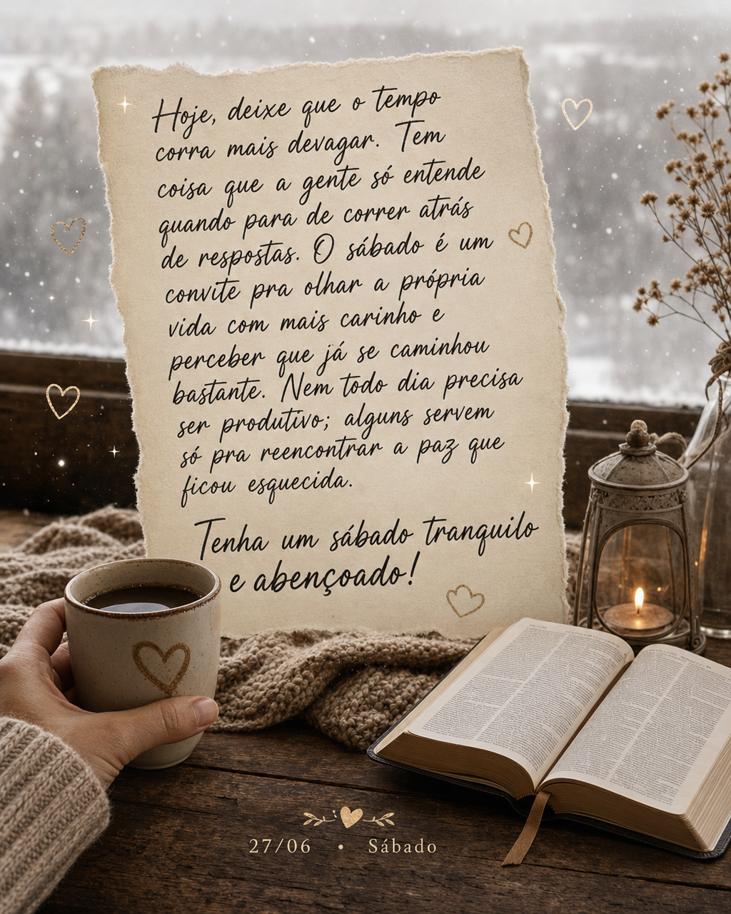 Hoje, deixe que o tempo corra mais devagar. Tem coisa que a gente só entende quando para de correr atrás de respostas. O sábado é um convite pra olha...