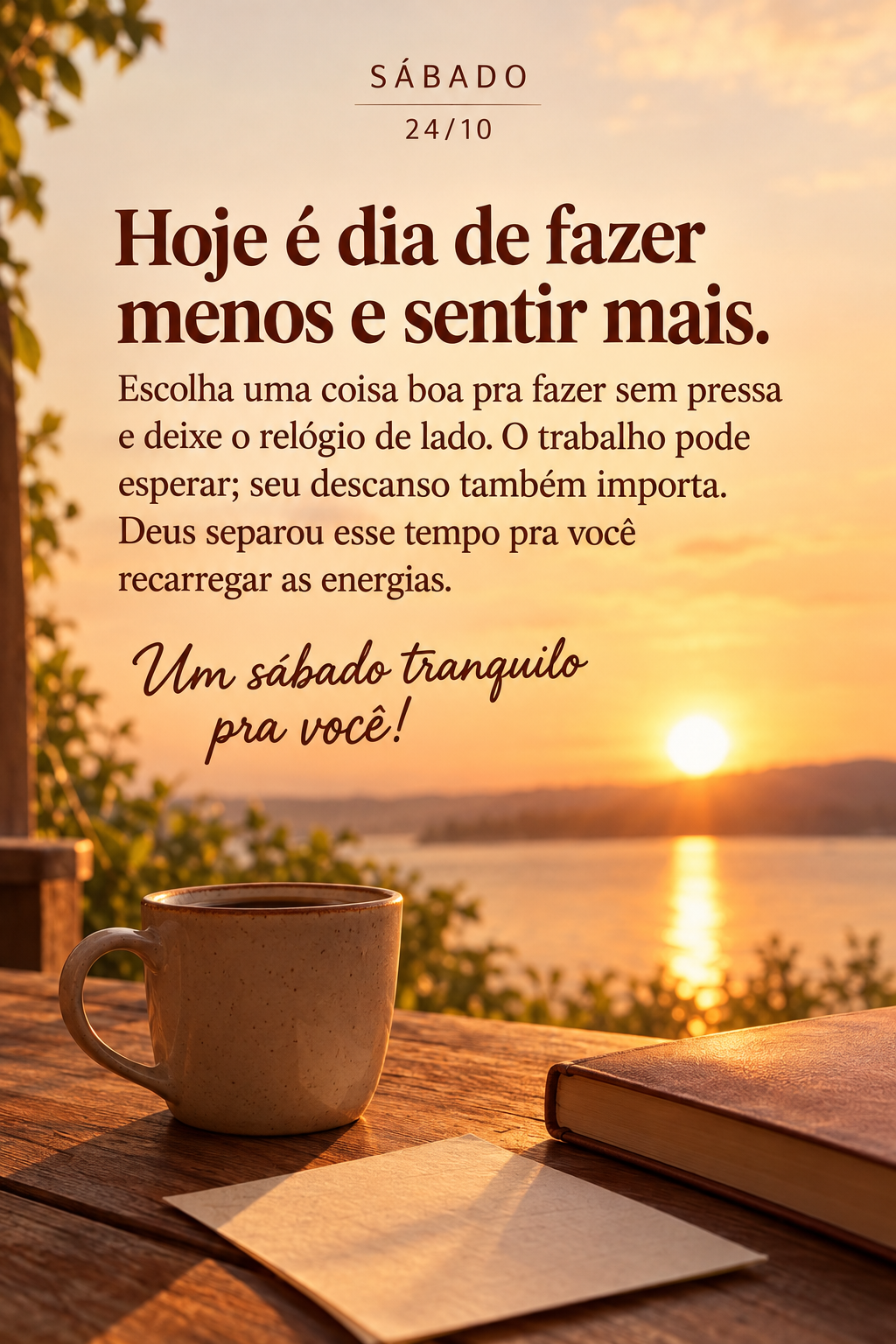 Hoje é dia de fazer menos e sentir mais. Escolha uma coisa boa pra fazer sem pressa e deixe o relógio de lado. O trabalho pode esperar; seu descanso ta...