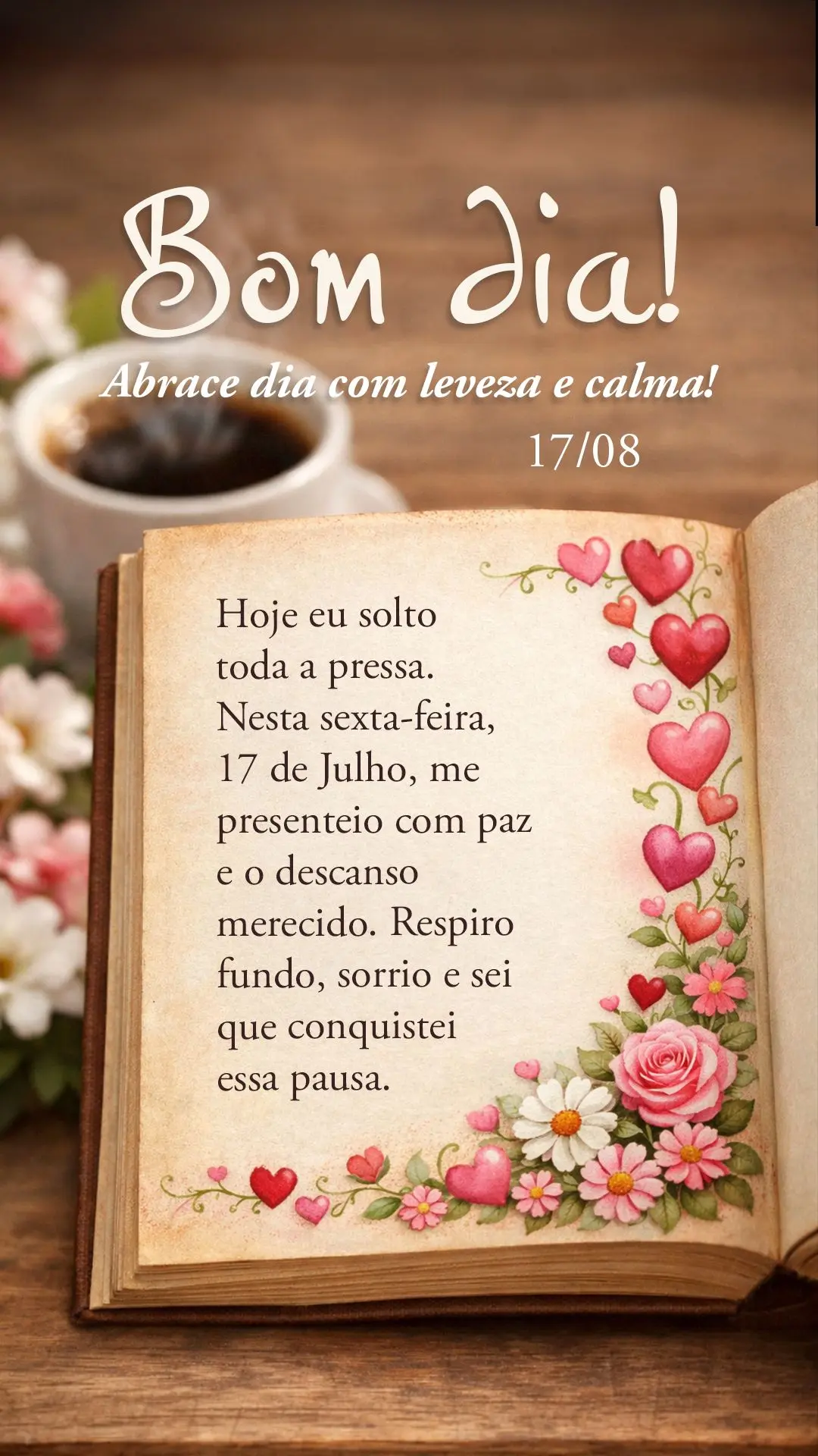 Hoje eu solto toda a pressa. Nesta sexta-feira, 17 de julho, me presenteio com paz e o descanso merecido. Respiro fundo, sorrio e sei que conquistei essa...