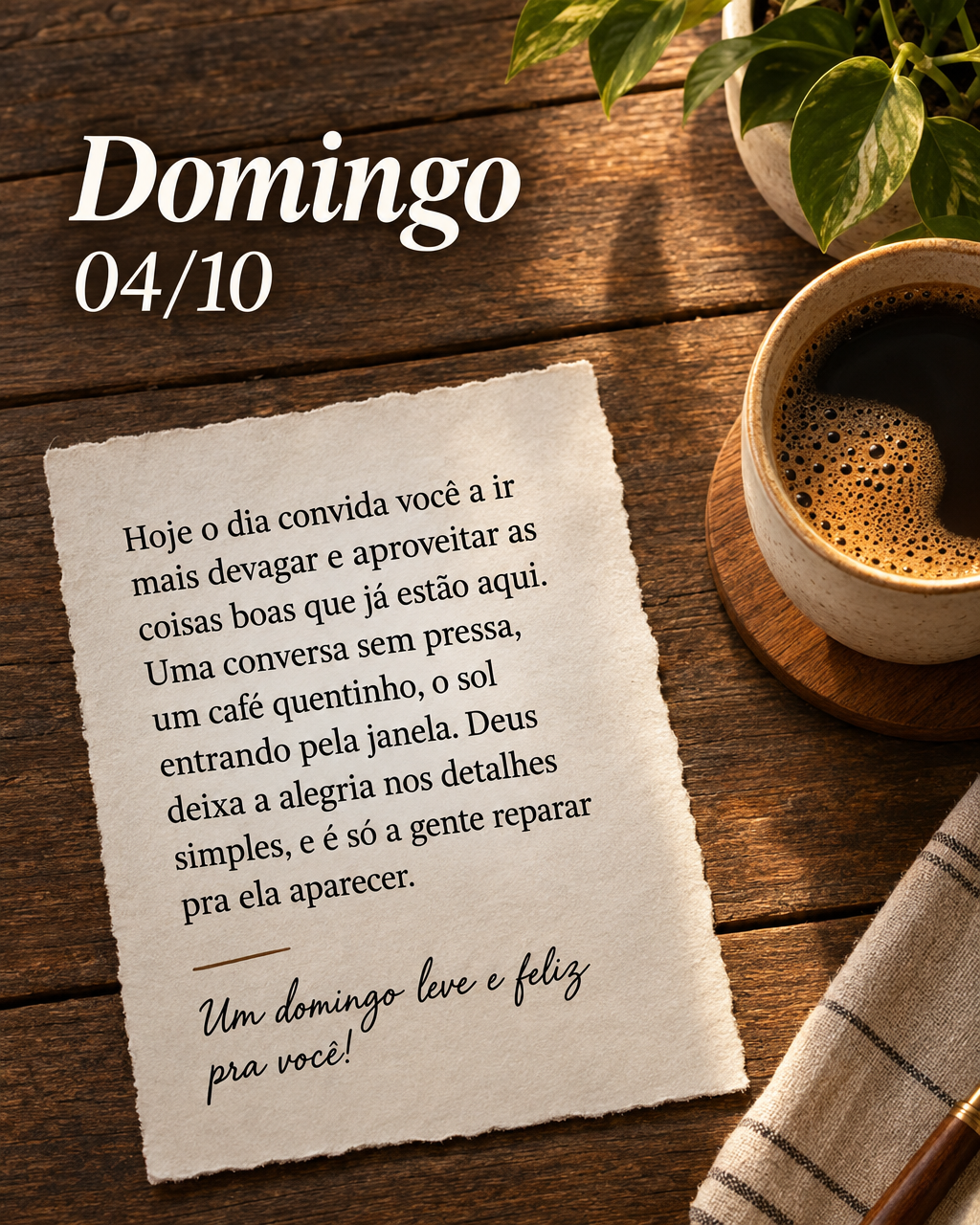 Hoje o dia convida você a ir mais devagar e aproveitar as coisas boas que já estão aqui. Uma conversa sem pressa, um café quentinho, o sol entrando p...