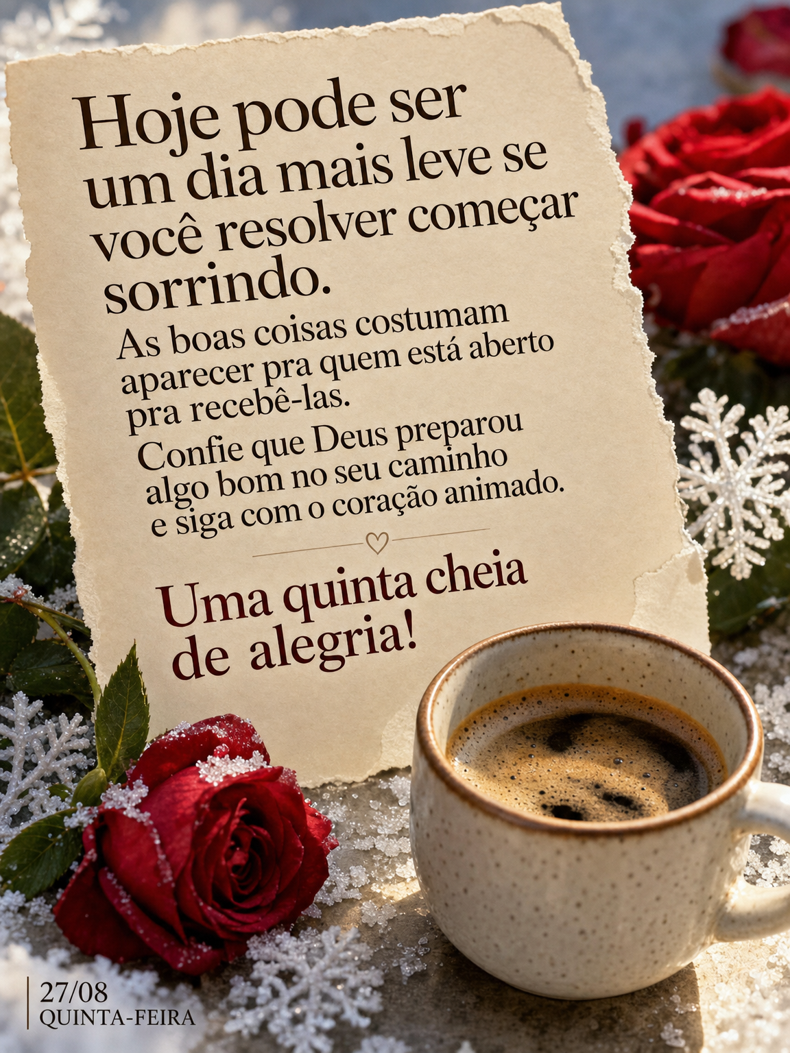 Hoje pode ser um dia mais leve se você resolver começar sorrindo. As boas coisas costumam aparecer pra quem está aberto pra recebê-las. Confie que De...