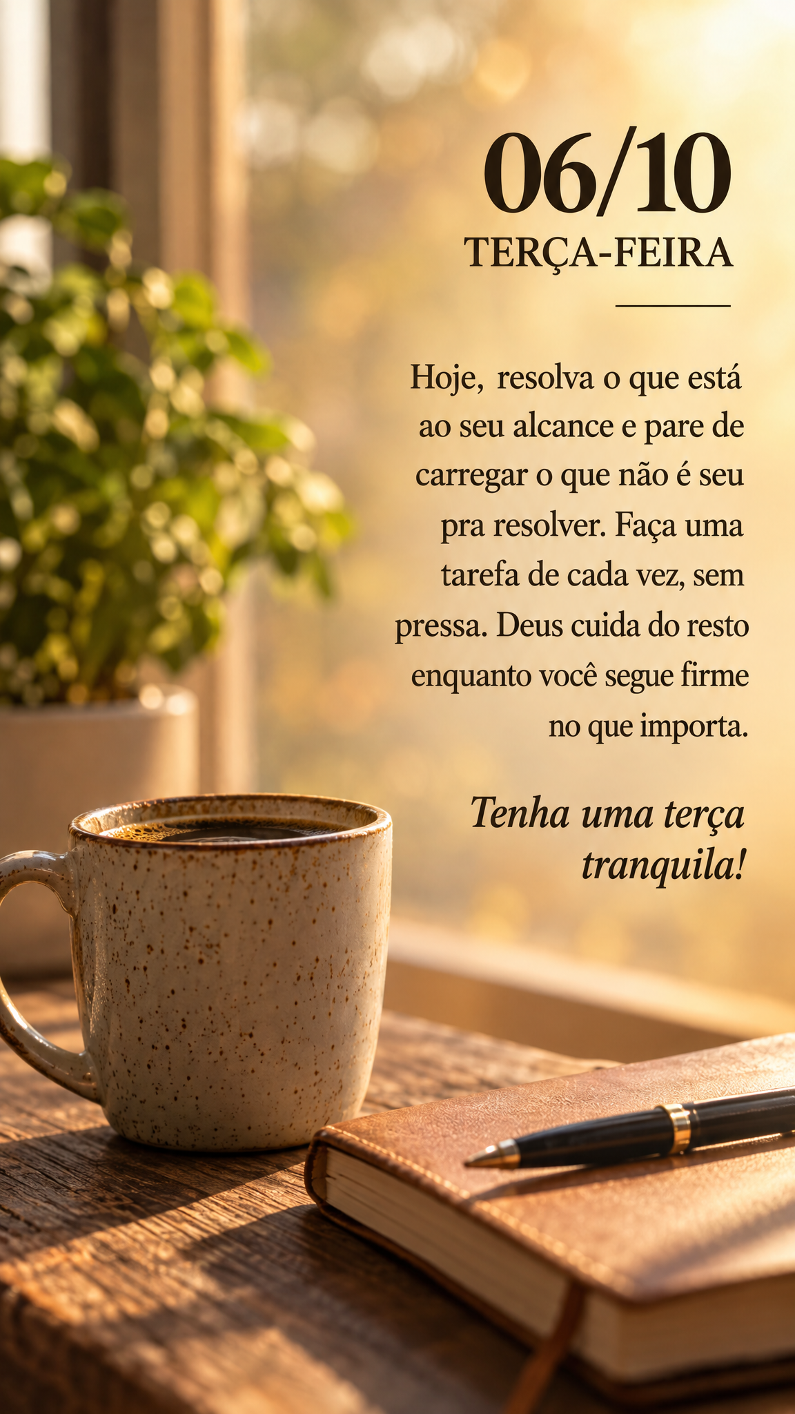 Hoje, resolva o que está ao seu alcance e pare de carregar o que não é seu pra resolver. Faça uma tarefa de cada vez, sem pressa. Deus cuida do resto...