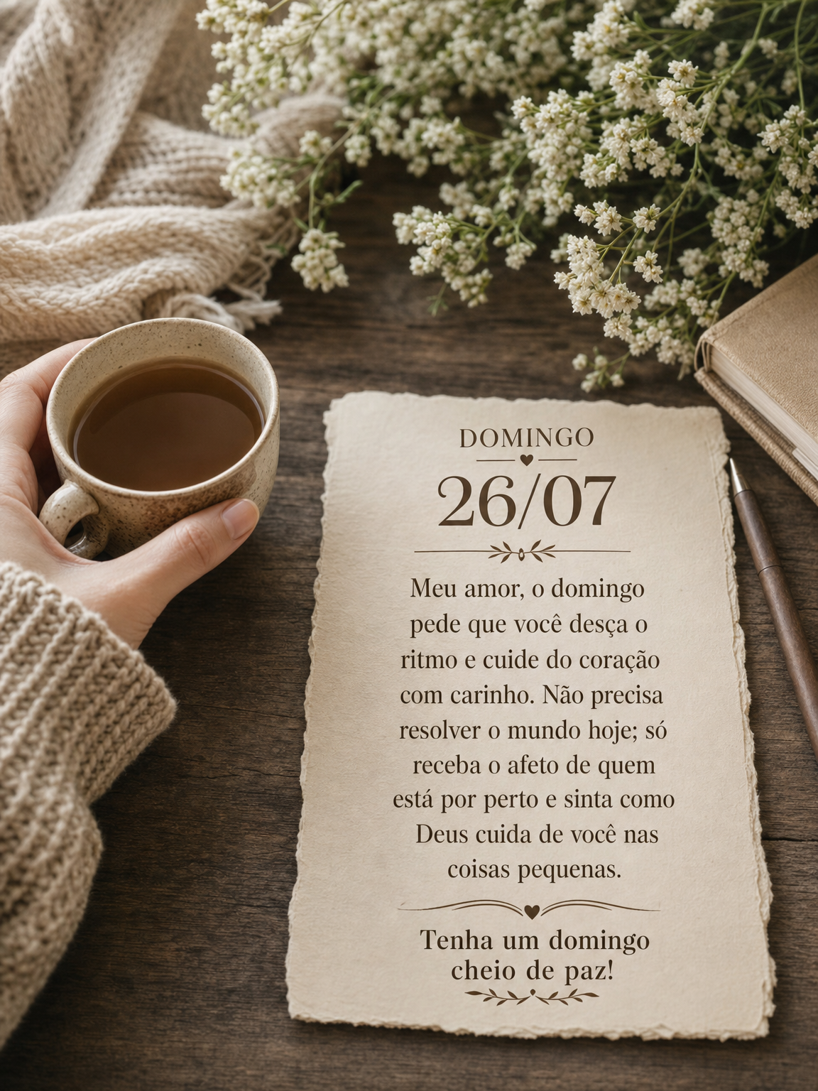 Meu amor, o domingo pede que você desça o ritmo e cuide do coração com carinho. Não precisa resolver o mundo hoje; só receba o afeto de quem está ...