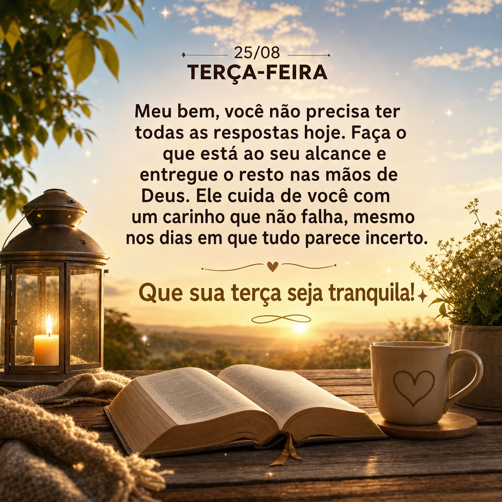 Meu bem, você não precisa ter todas as respostas hoje. Faça o que está ao seu alcance e entregue o resto nas mãos de Deus. Ele cuida de você com um...