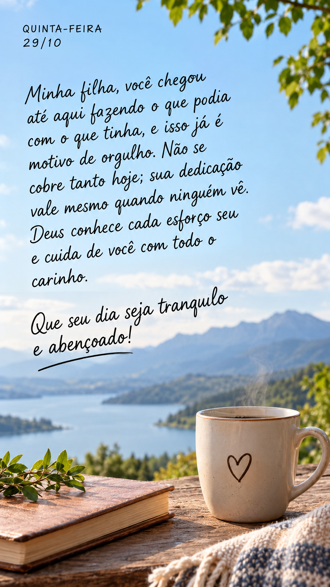 Minha filha, você chegou até aqui fazendo o que podia com o que tinha, e isso já é motivo de orgulho. Não se cobre tanto hoje; sua dedicação vale ...