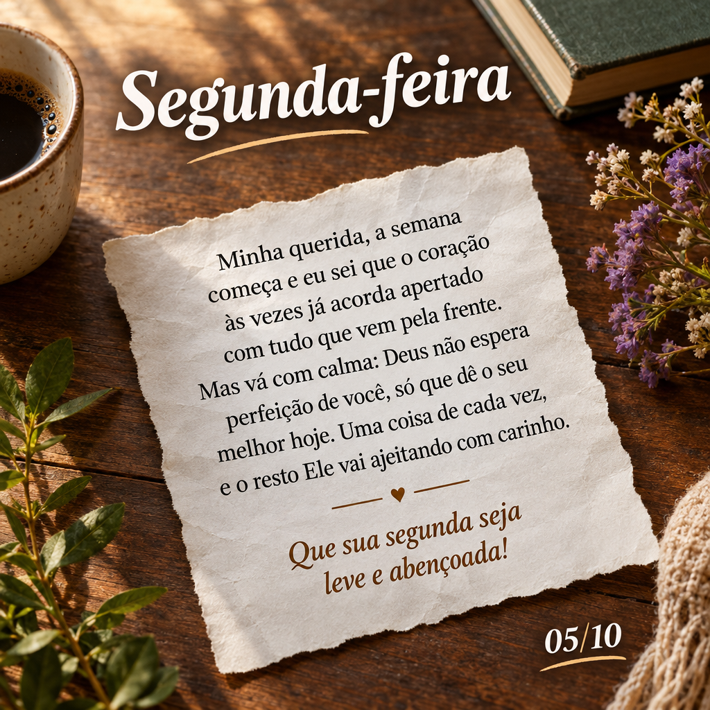 Minha querida, a semana começa e eu sei que o coração às vezes já acorda apertado com tudo que vem pela frente. Mas vá com calma: Deus não espera ...