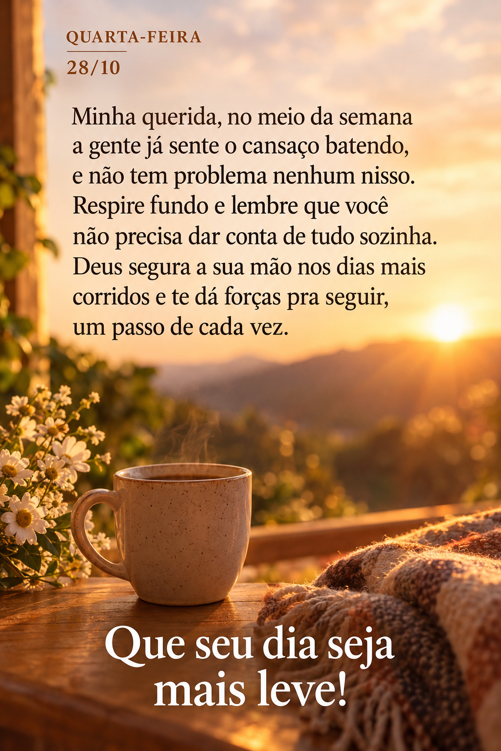 Minha querida, no meio da semana a gente já sente o cansaço batendo, e não tem problema nenhum nisso. Respire fundo e lembre que você não precisa da...