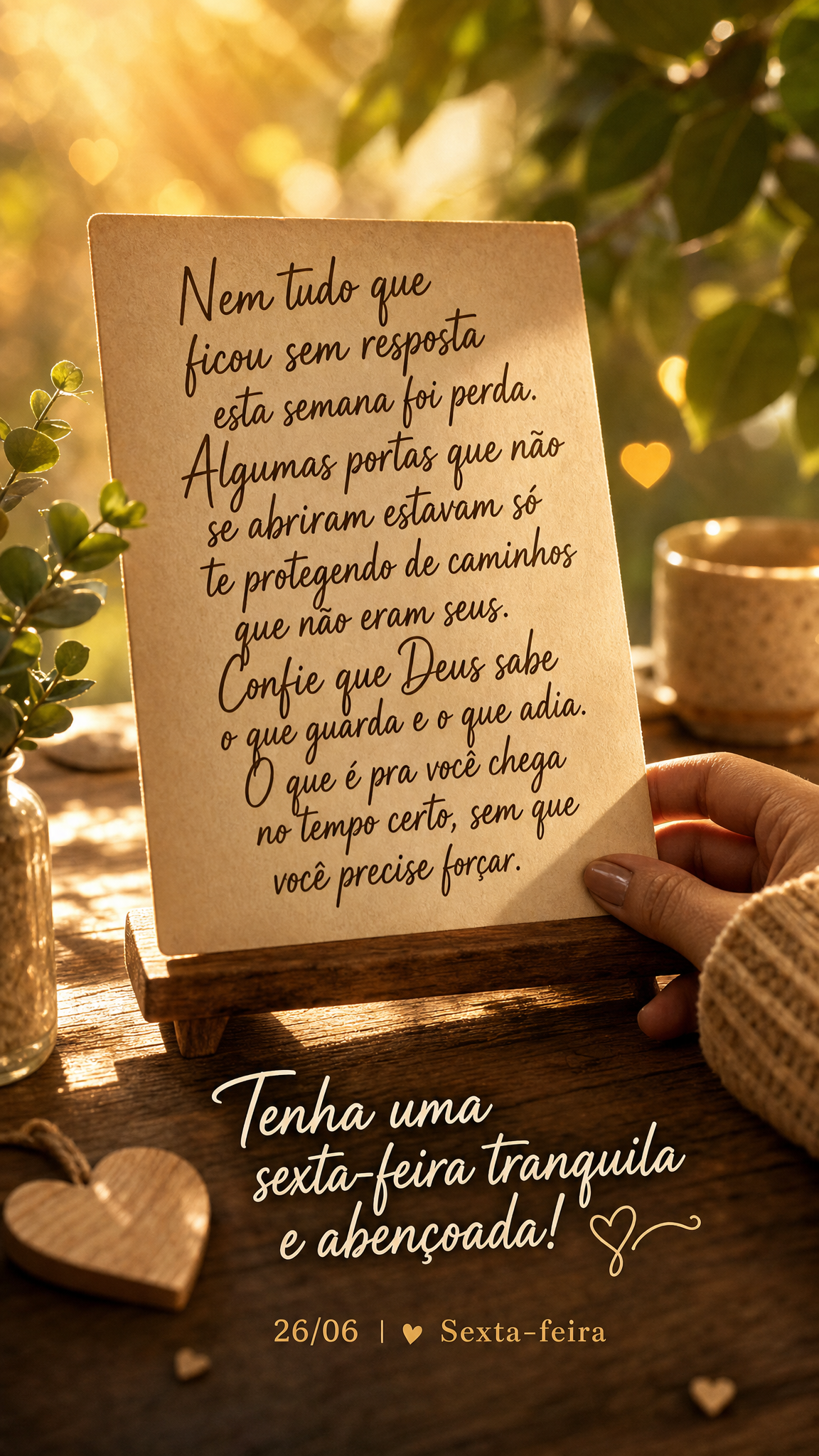 Nem tudo que ficou sem resposta esta semana foi perda. Algumas portas que não se abriram estavam só te protegendo de caminhos que não eram seus. Confi...