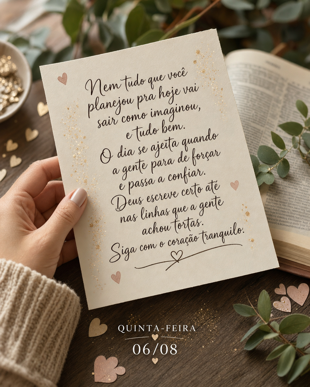 Nem tudo que você planejou pra hoje vai sair como imaginou, e tudo bem. O dia se ajeita quando a gente para de forçar e passa a confiar. Deus escreve c...