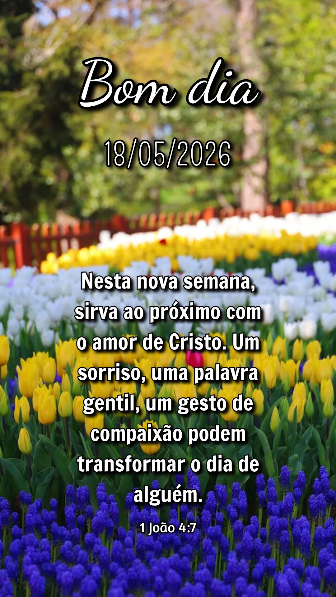 Nesta nova semana, sirva ao próximo com o amor de Cristo. Um sorriso, uma palavra gentil, um gesto de compaixão podem transformar o dia de alguém. 1 J...