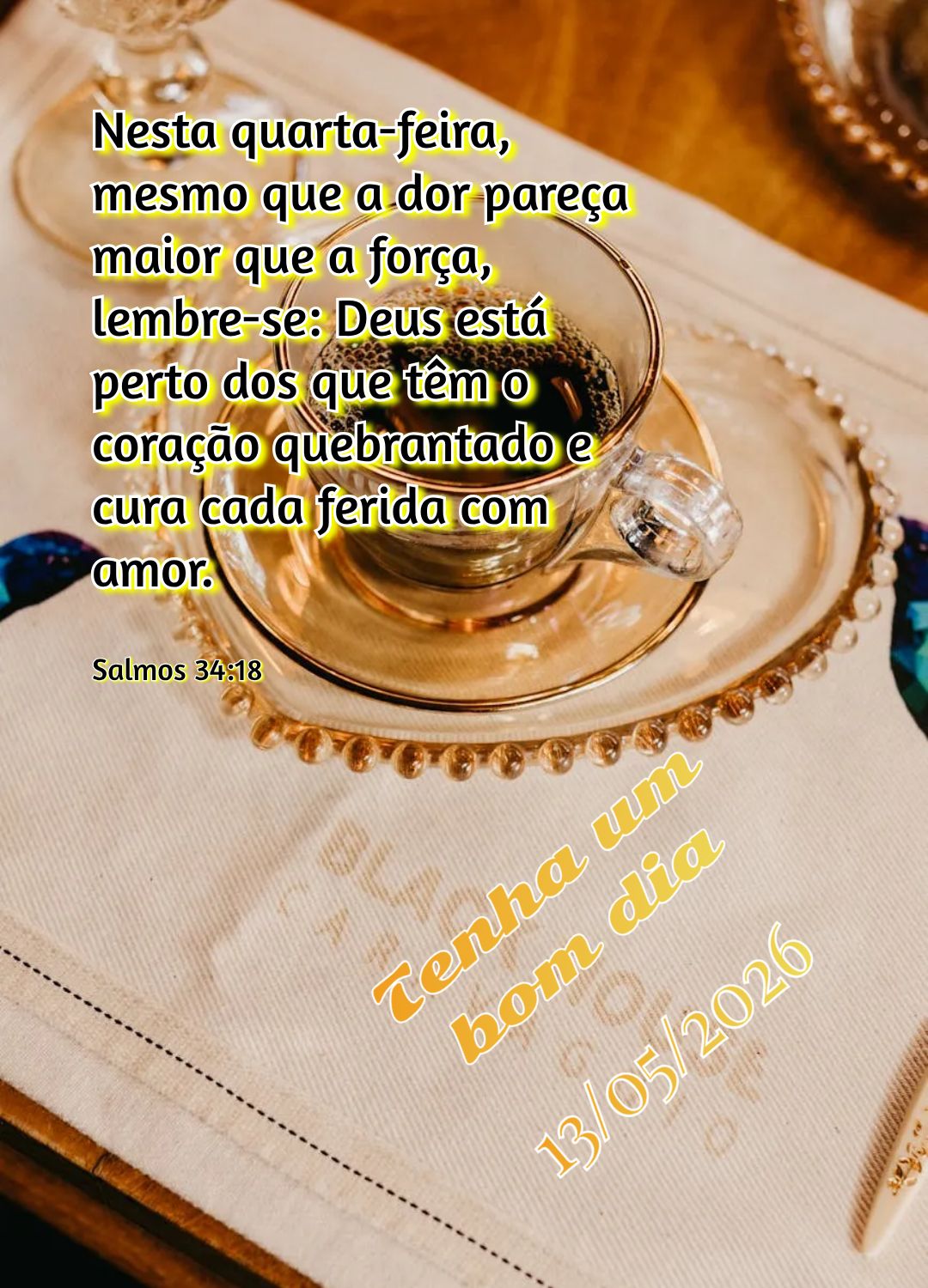 Nesta quarta-feira, mesmo que a dor pareça maior que a força, lembre-se: Deus está perto dos que têm o coração quebrantado e cura cada ferida com a...