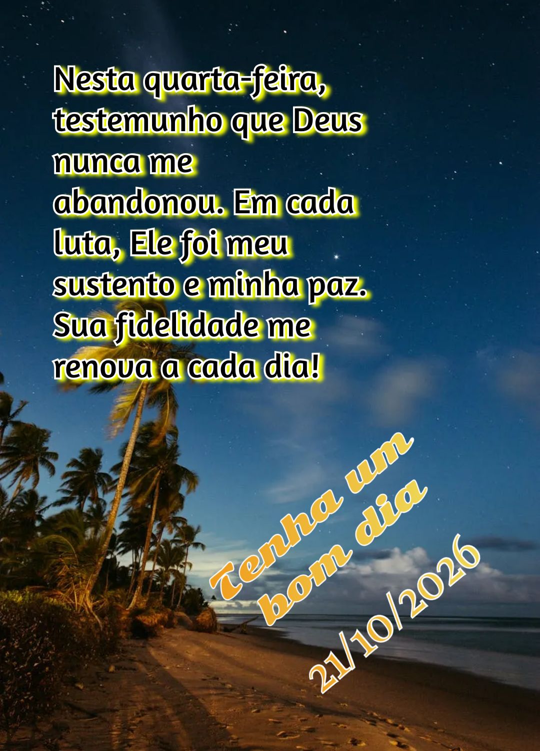 Nesta quarta-feira, testemunho que Deus nunca me abandonou. Em cada luta, Ele foi meu sustento e minha paz. Sua fidelidade me renova a cada dia! Tenha um...