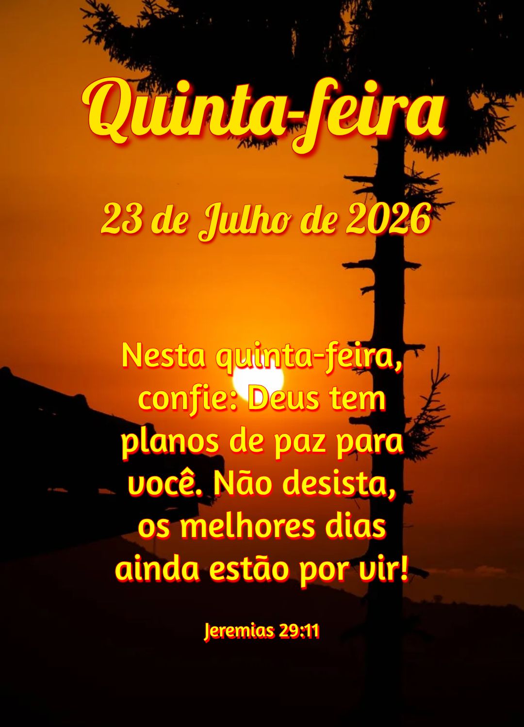Nesta quinta-feira, confie: Deus tem planos de paz para você. Não desista, os melhores dias ainda estão por vir! Jeremias 29:11