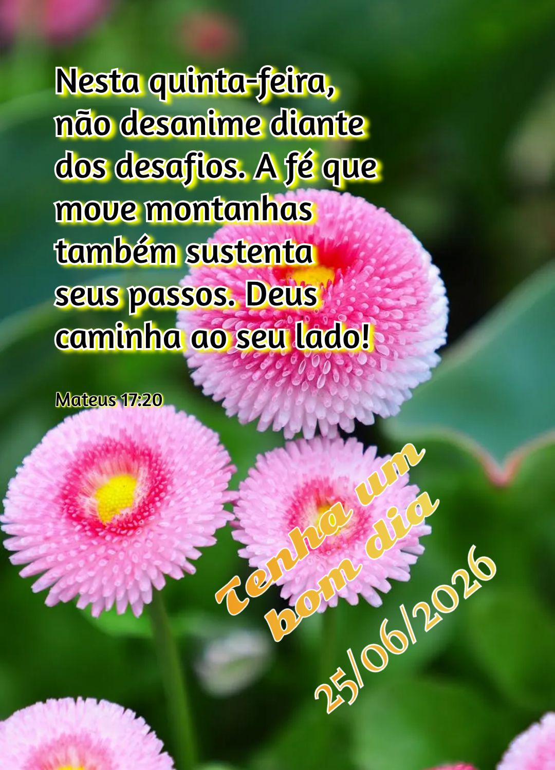 Nesta quinta-feira, não desanime diante dos desafios. A fé que move montanhas também sustenta seus passos. Deus caminha ao seu lado! Tenha um bom dia ...