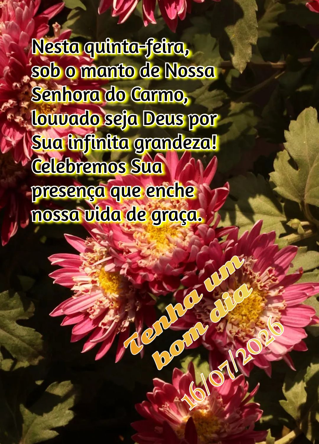 Nesta quinta-feira, sob o manto de Nossa Senhora do Carmo, louvado seja Deus por Sua infinita grandeza! Celebremos Sua presença que enche nossa vida de ...