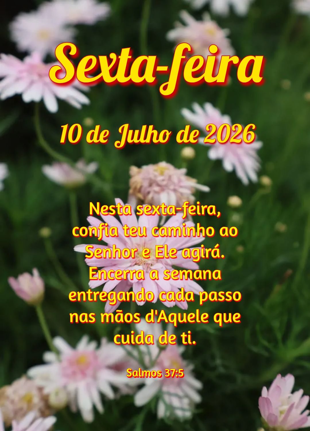 Nesta sexta-feira, confia teu caminho ao Senhor e Ele agirá. Encerra a semana entregando cada passo nas mãos d'Aquele que cuida de ti. Salmos 37:5