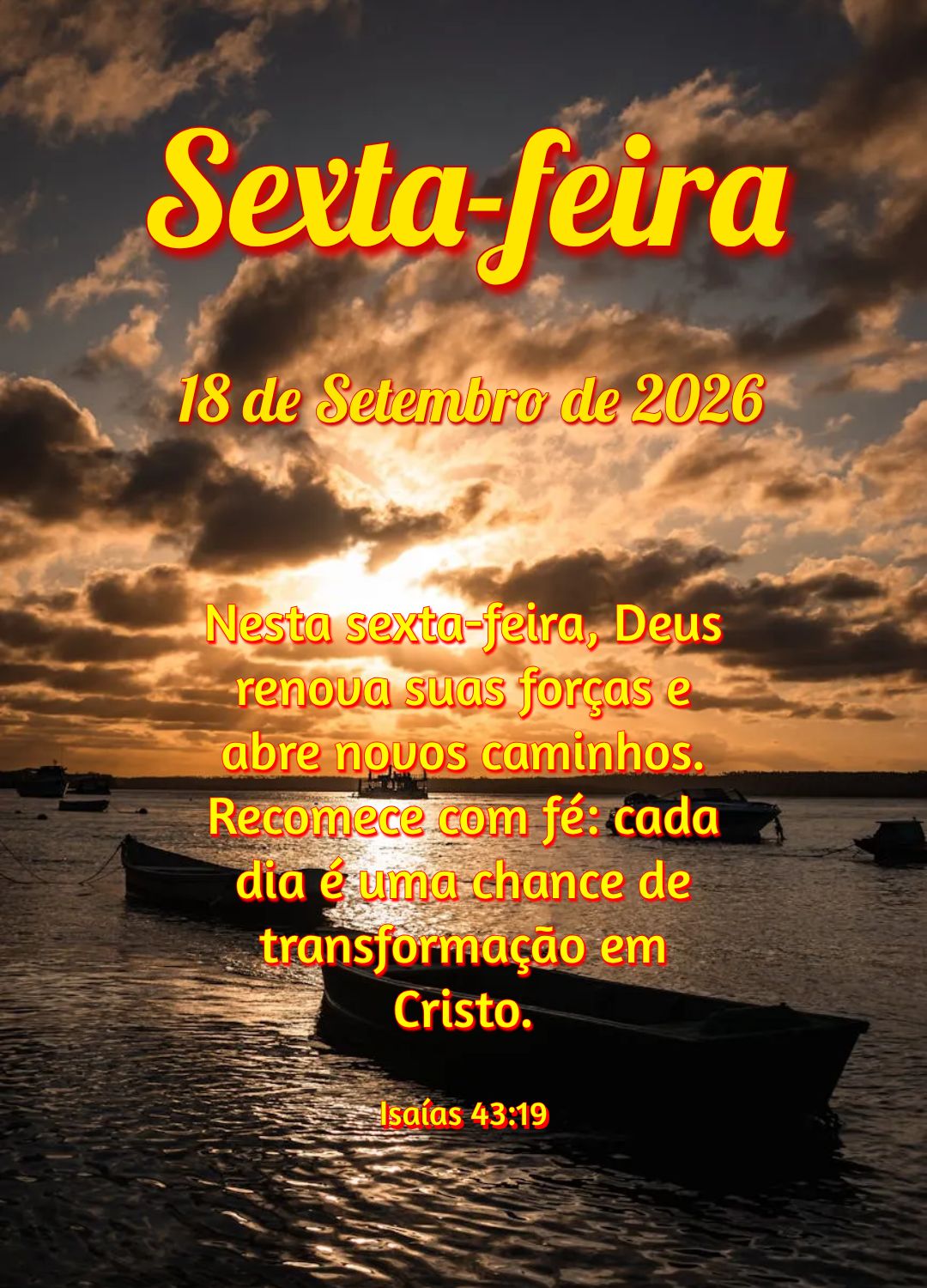 Nesta sexta-feira, Deus renova suas forças e abre novos caminhos. Recomece com fé: cada dia é uma chance de transformação em Cristo. Isaías 43:19...
