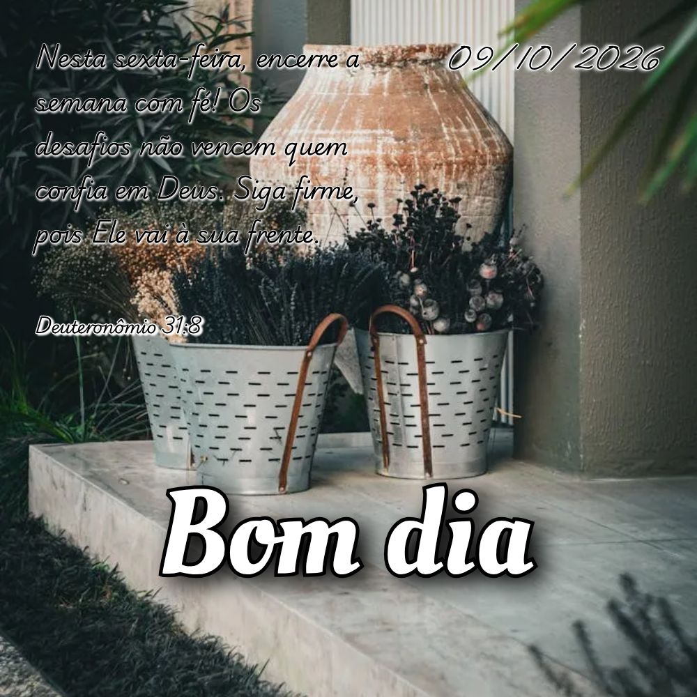 Nesta sexta-feira, encerre a semana com fé! Os desafios não vencem quem confia em Deus. Siga firme, pois Ele vai à sua frente. Deuteronômio 31:8
