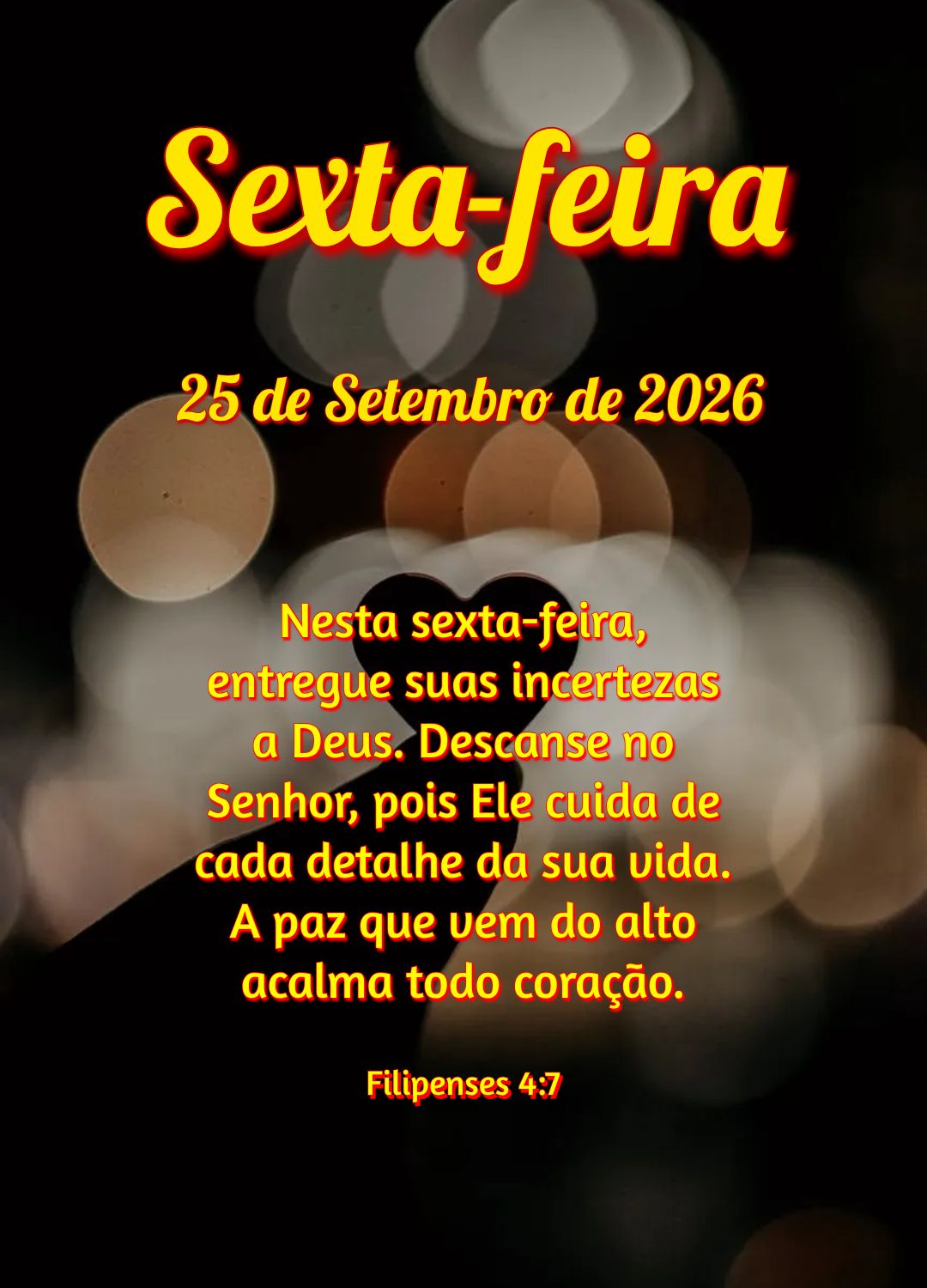Nesta sexta-feira, entregue suas incertezas a Deus. Descanse no Senhor, pois Ele cuida de cada detalhe da sua vida. A paz que vem do alto acalma todo cor...