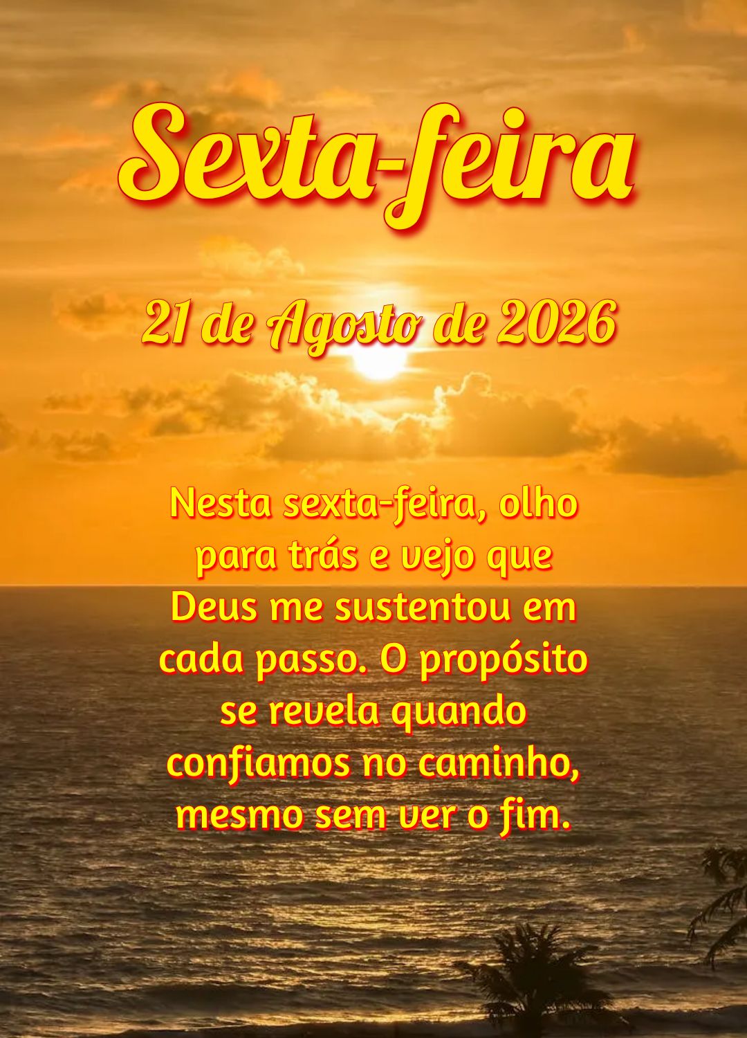 Nesta sexta-feira, olho para trás e vejo que Deus me sustentou em cada passo. O propósito se revela quando confiamos no caminho, mesmo sem ver o fim....