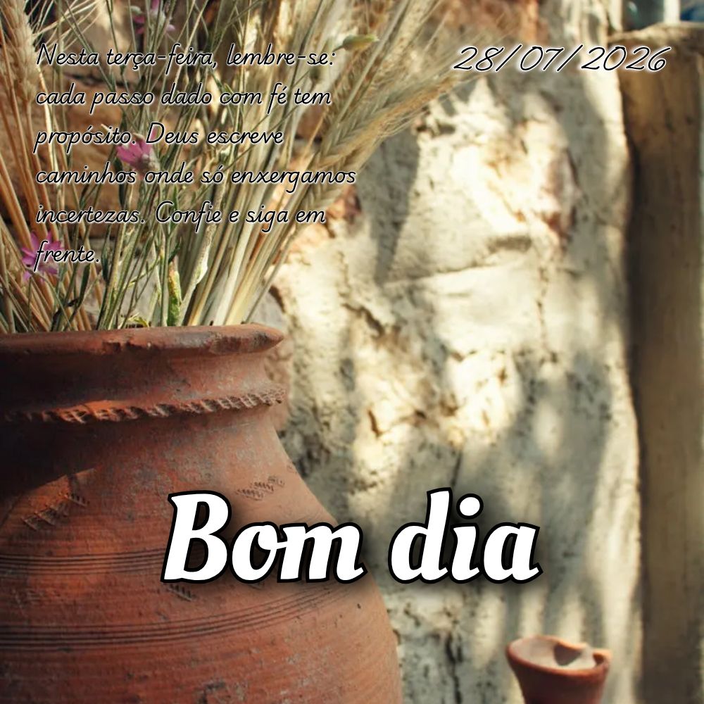 Nesta terça-feira, lembre-se: cada passo dado com fé tem propósito. Deus escreve caminhos onde só enxergamos incertezas. Confie e siga em frente.