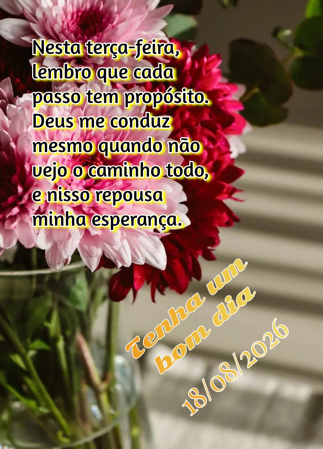 Nesta terça-feira, lembro que cada passo tem propósito. Deus me conduz mesmo quando não vejo o caminho todo, e nisso repousa minha esperança. Tenha u...