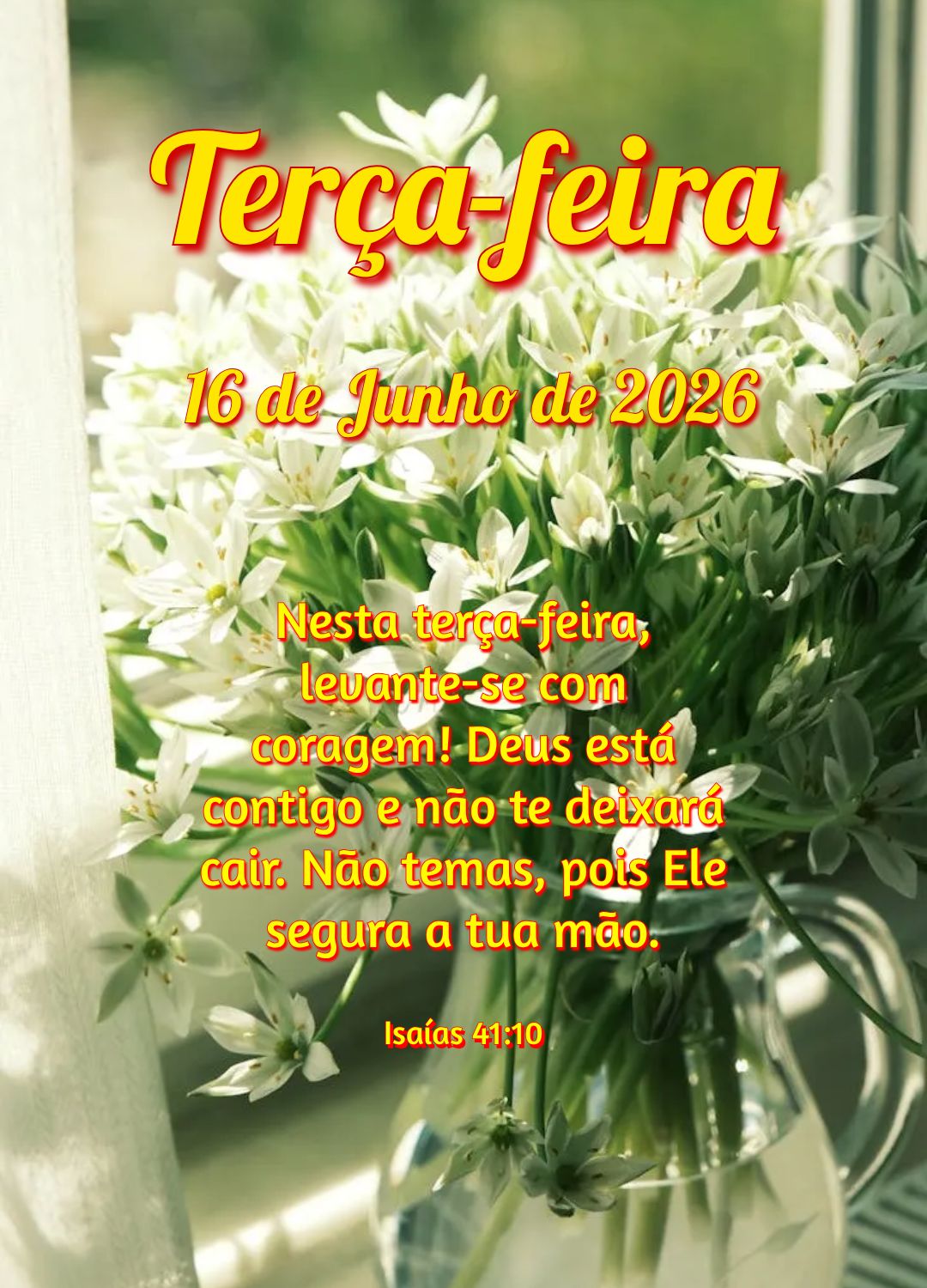 Nesta terça-feira, levante-se com coragem! Deus está contigo e não te deixará cair. Não temas, pois Ele segura a tua mão. Isaías 41:10