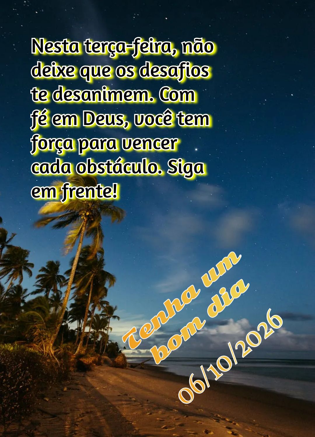 Nesta terça-feira, não deixe que os desafios te desanimem. Com fé em Deus, você tem força para vencer cada obstáculo. Siga em frente! Tenha um bom ...