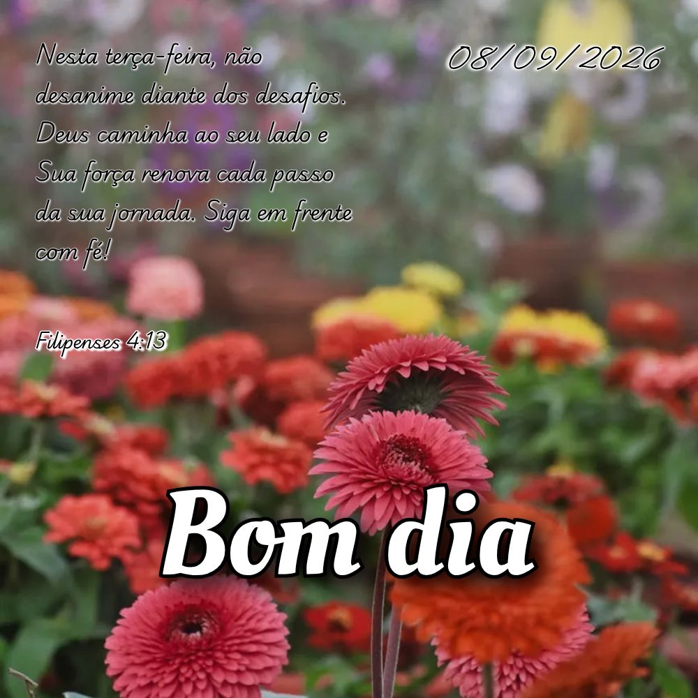 Nesta terça-feira, não desanime diante dos desafios. Deus caminha ao seu lado e Sua força renova cada passo da sua jornada. Siga em frente com fé! Fi...