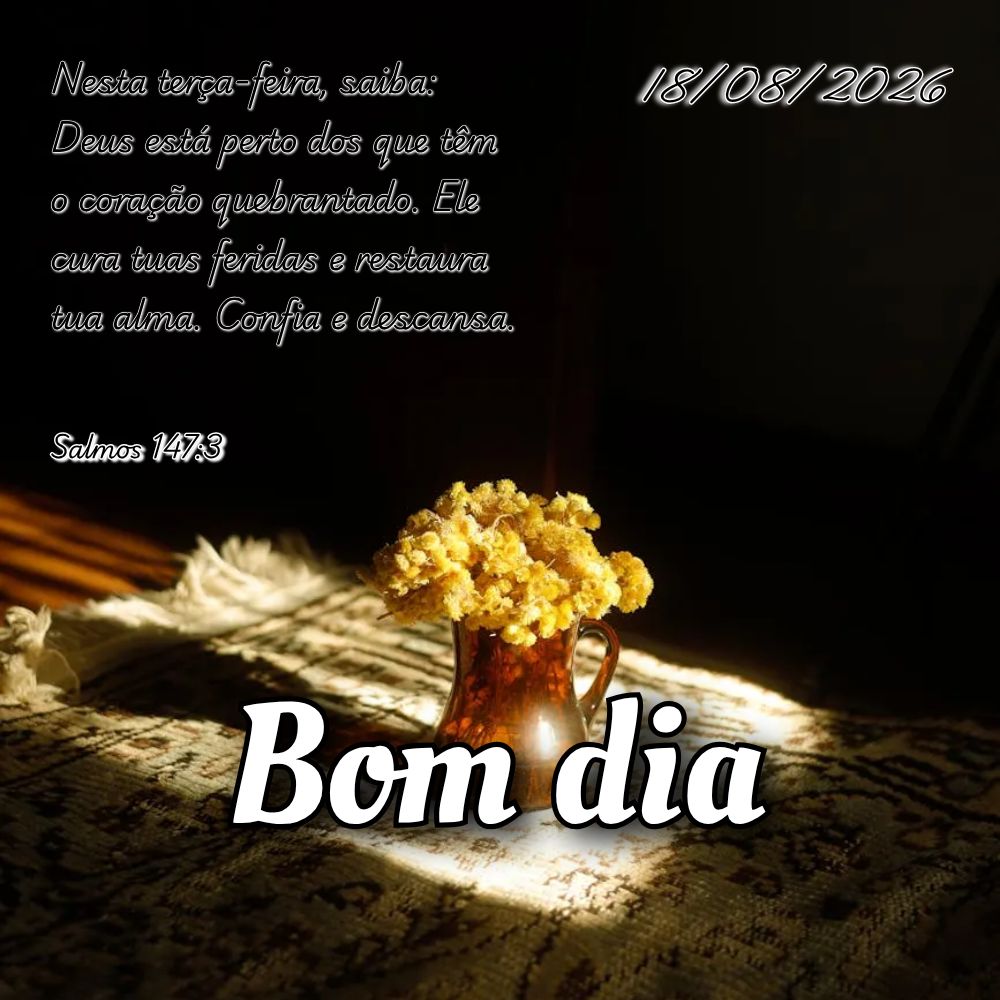 Nesta terça-feira, saiba: Deus está perto dos que têm o coração quebrantado. Ele cura tuas feridas e restaura tua alma. Confia e descansa. Salmos 14...