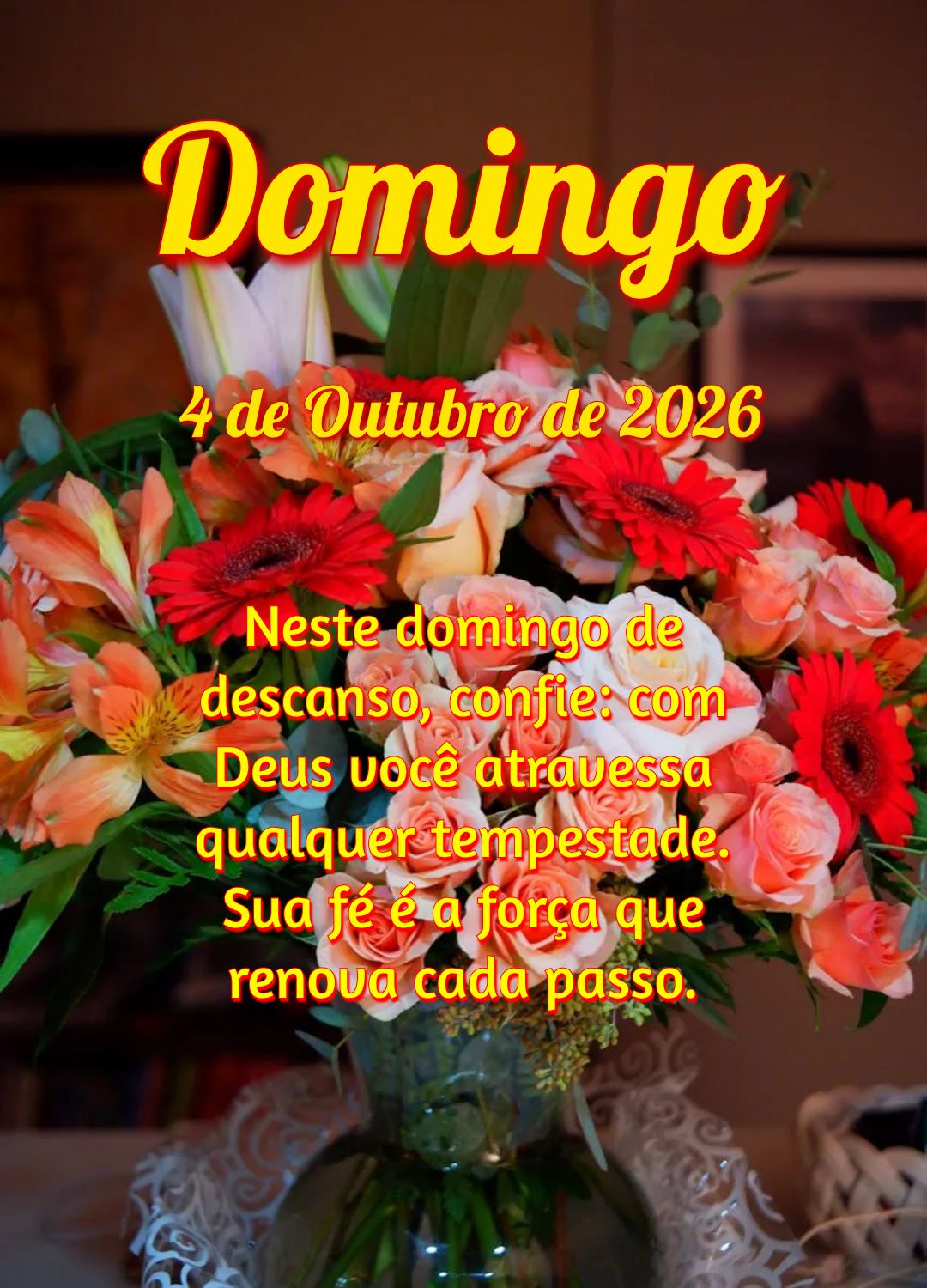 Neste domingo de descanso, confie: com Deus você atravessa qualquer tempestade. Sua fé é a força que renova cada passo.