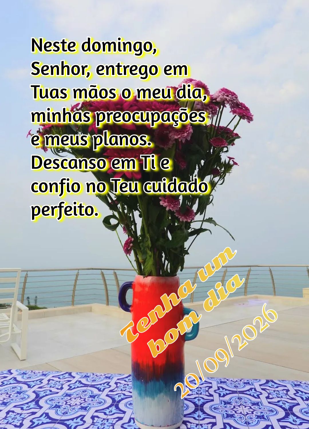Neste domingo, Senhor, entrego em Tuas mãos o meu dia, minhas preocupações e meus planos. Descanso em Ti e confio no Teu cuidado perfeito. Tenha um bo...